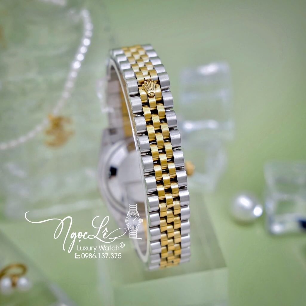 Đồng Hồ Nữ Rolex Datejust Máy Pin Dây Demi Vàng Mặt Hoa Đồng Tiền Xanh Đính Đá Size 31mm