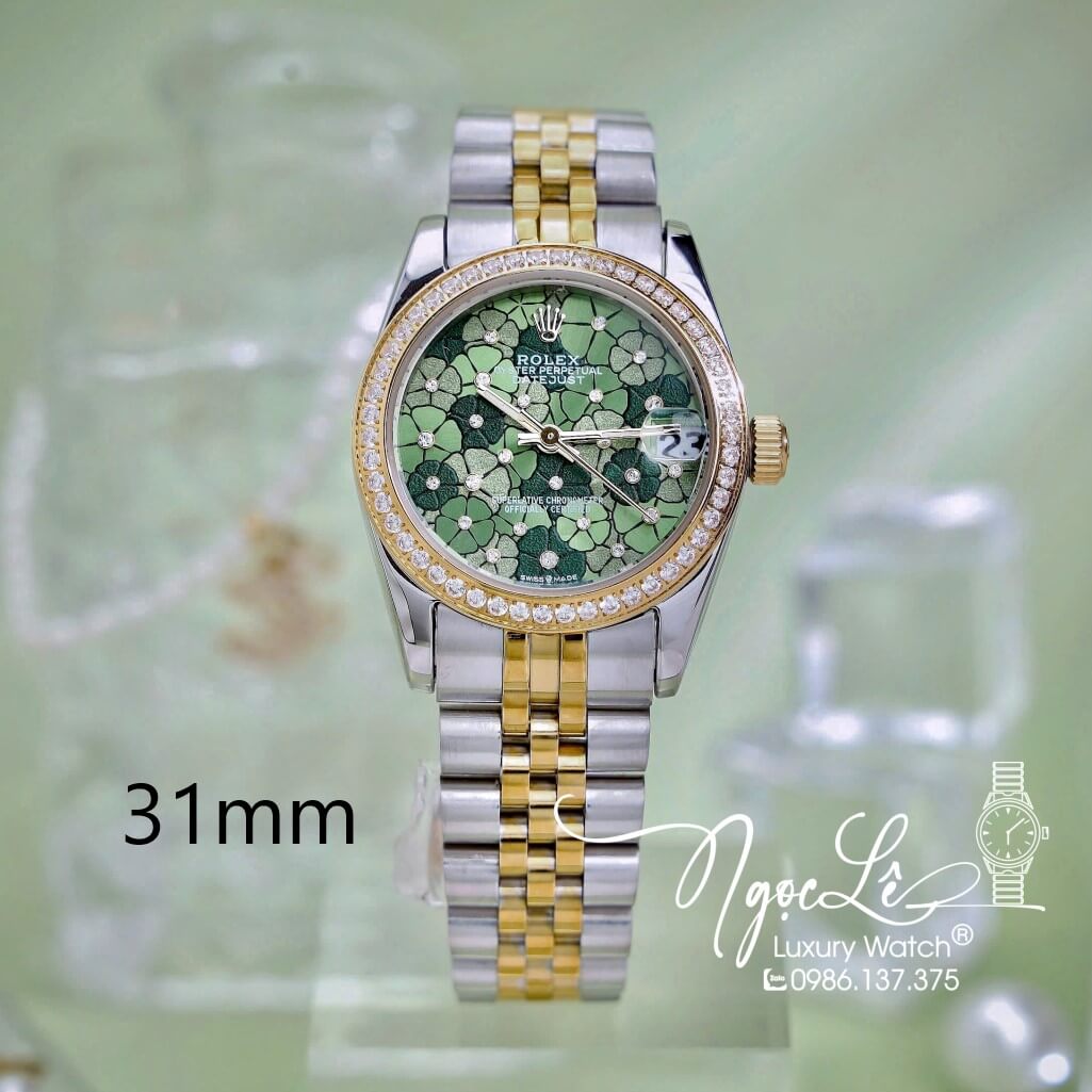 Đồng Hồ Nữ Rolex Datejust Máy Pin Dây Demi Vàng Mặt Hoa Đồng Tiền Xanh Đính Đá Size 31mm