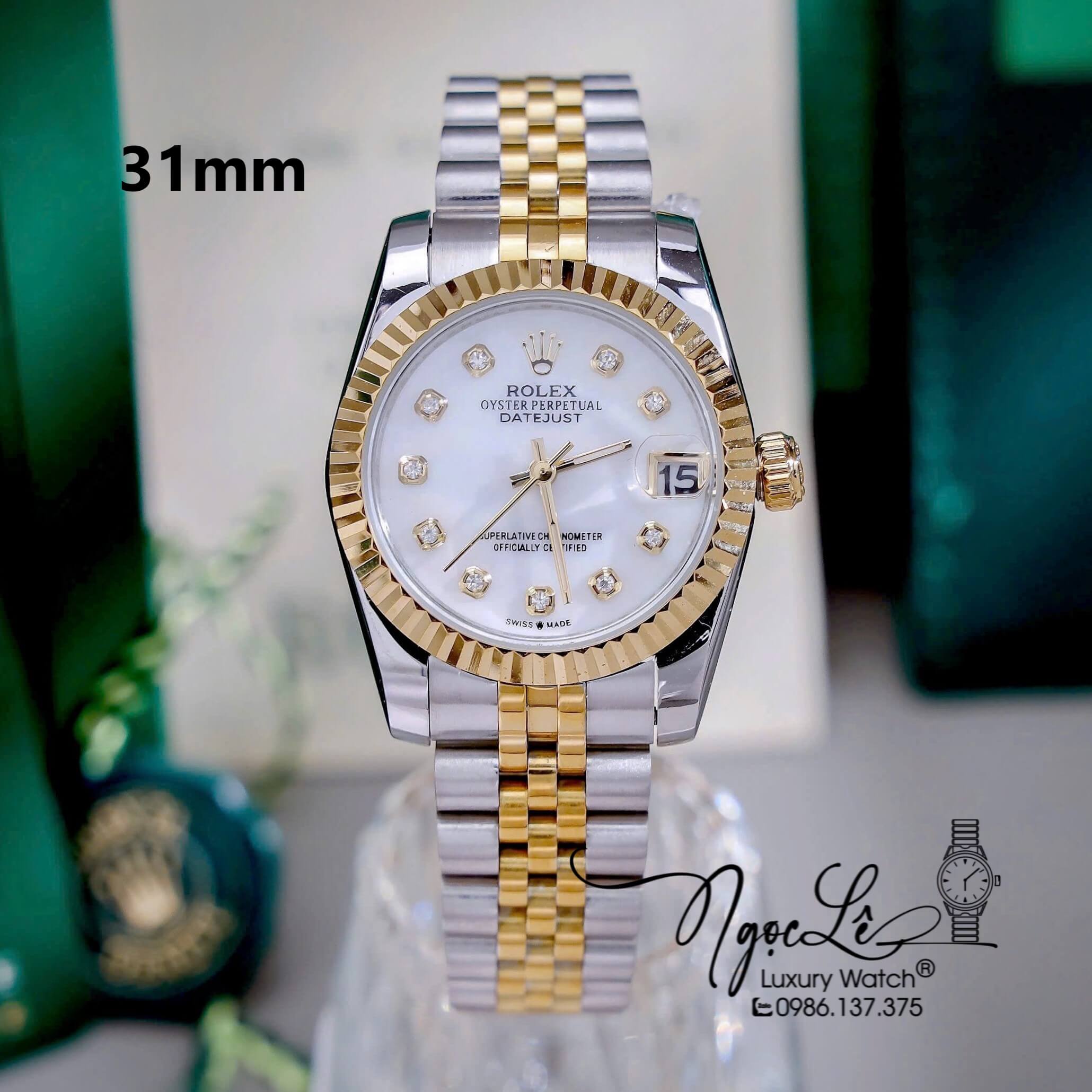 Đồng Hồ Nữ Rolex Datejust Máy Pin Dây Demi Vàng Mặt Trắng Xà Cừ Niềng Khía Size 31mm