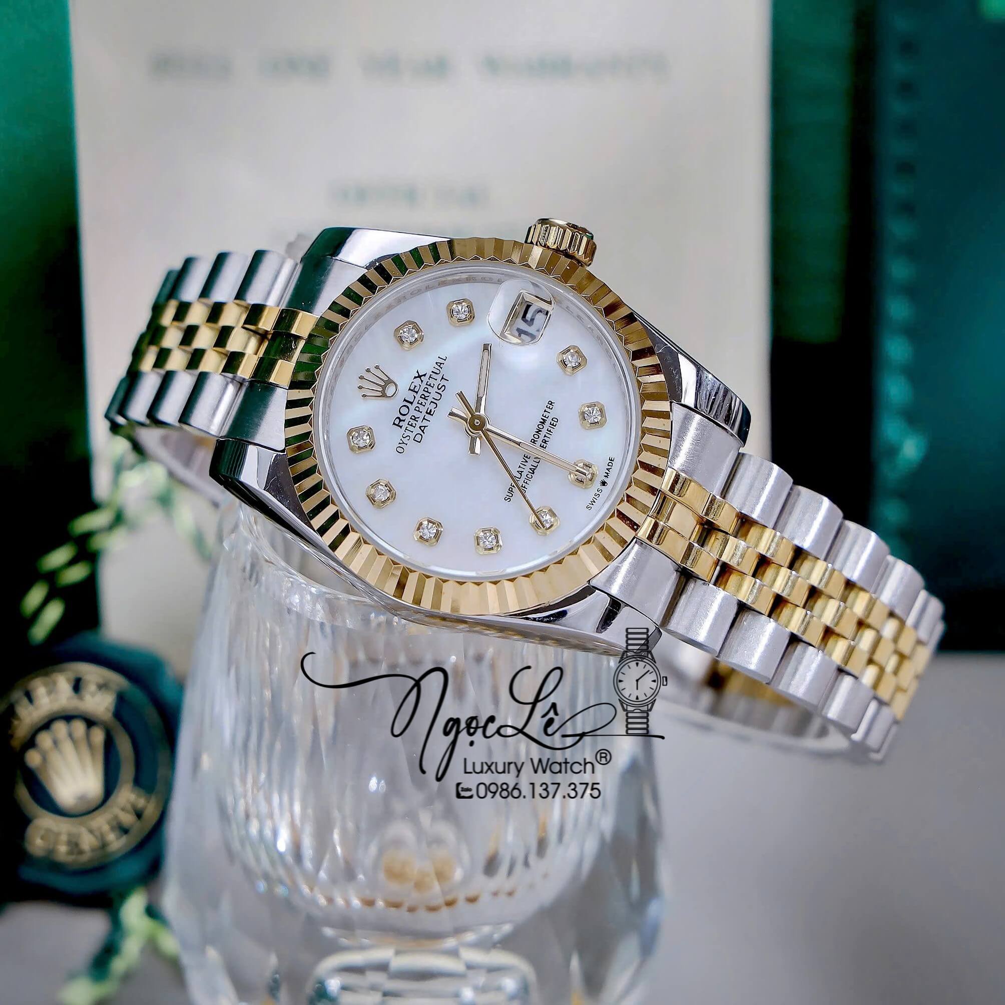 Đồng Hồ Nữ Rolex Datejust Máy Pin Dây Demi Vàng Mặt Trắng Xà Cừ Niềng Khía Size 31mm