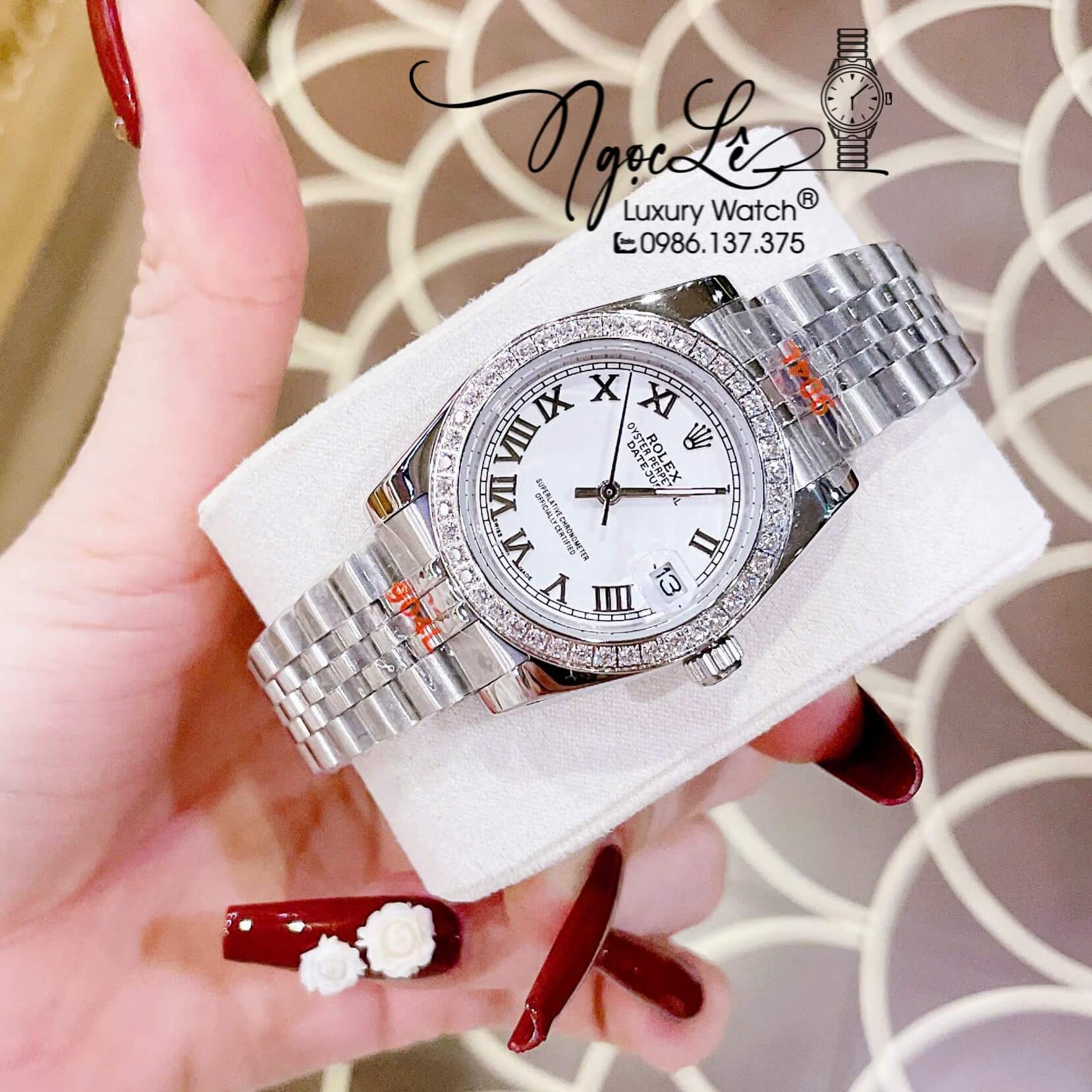 Đồng Hồ Nữ Rolex Datejust Máy Pin Dây Kim Loại Bạc Mặt Số La Mã Đính Đá Size 31mm