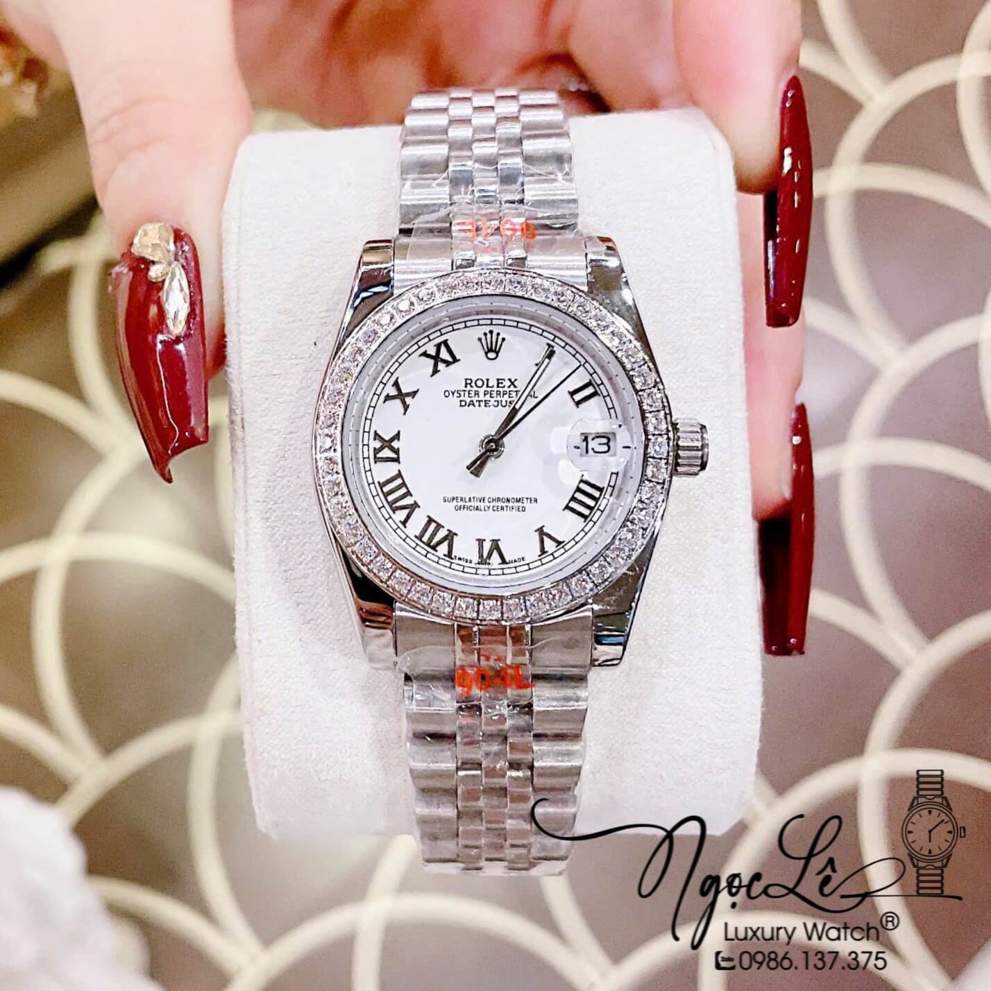 Đồng Hồ Nữ Rolex Datejust Máy Pin Dây Kim Loại Bạc Mặt Số La Mã Đính Đá Size 31mm