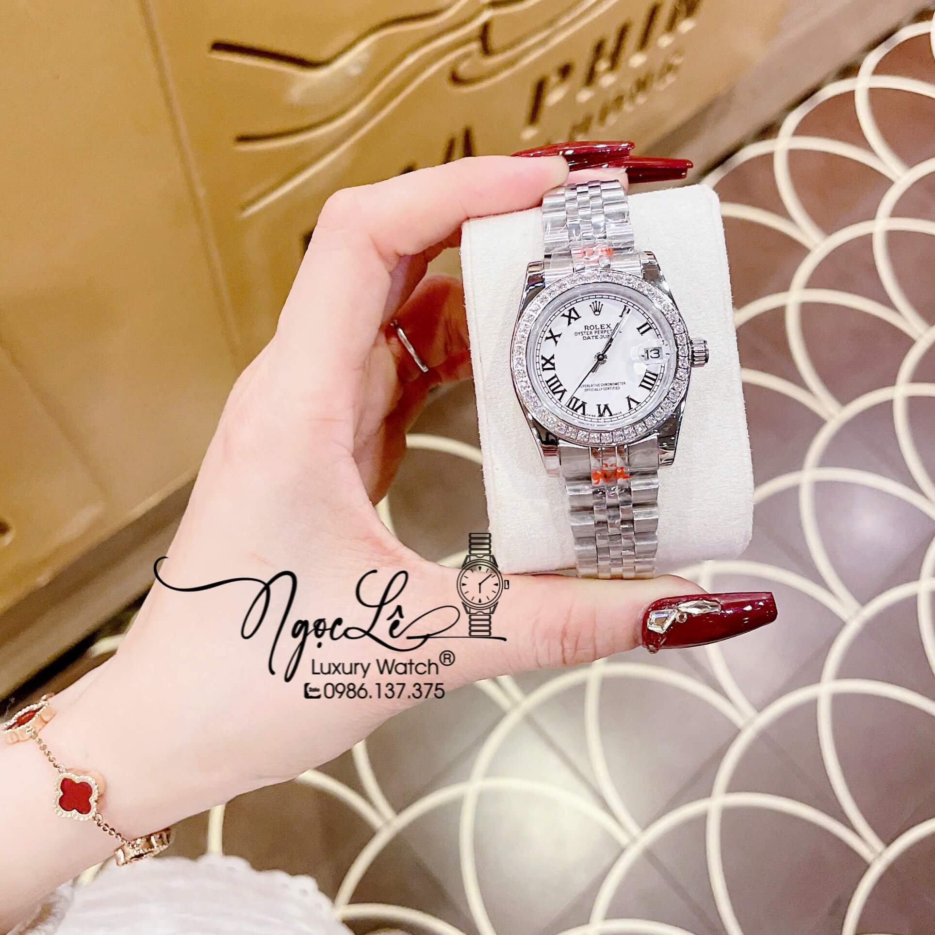 Đồng Hồ Nữ Rolex Datejust Máy Pin Dây Kim Loại Bạc Mặt Số La Mã Đính Đá Size 31mm