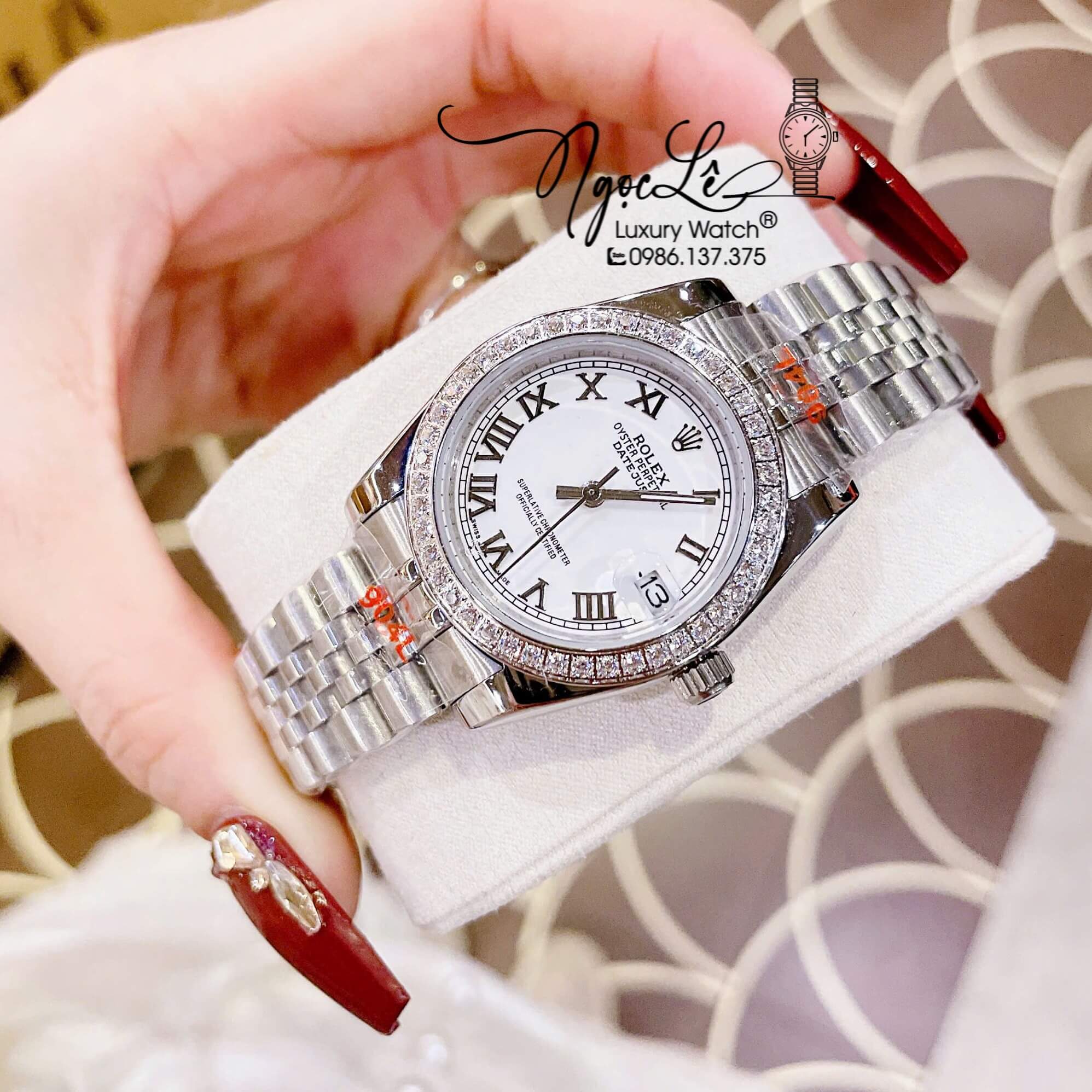 Đồng Hồ Nữ Rolex Datejust Máy Pin Dây Kim Loại Bạc Mặt Số La Mã Đính Đá Size 31mm