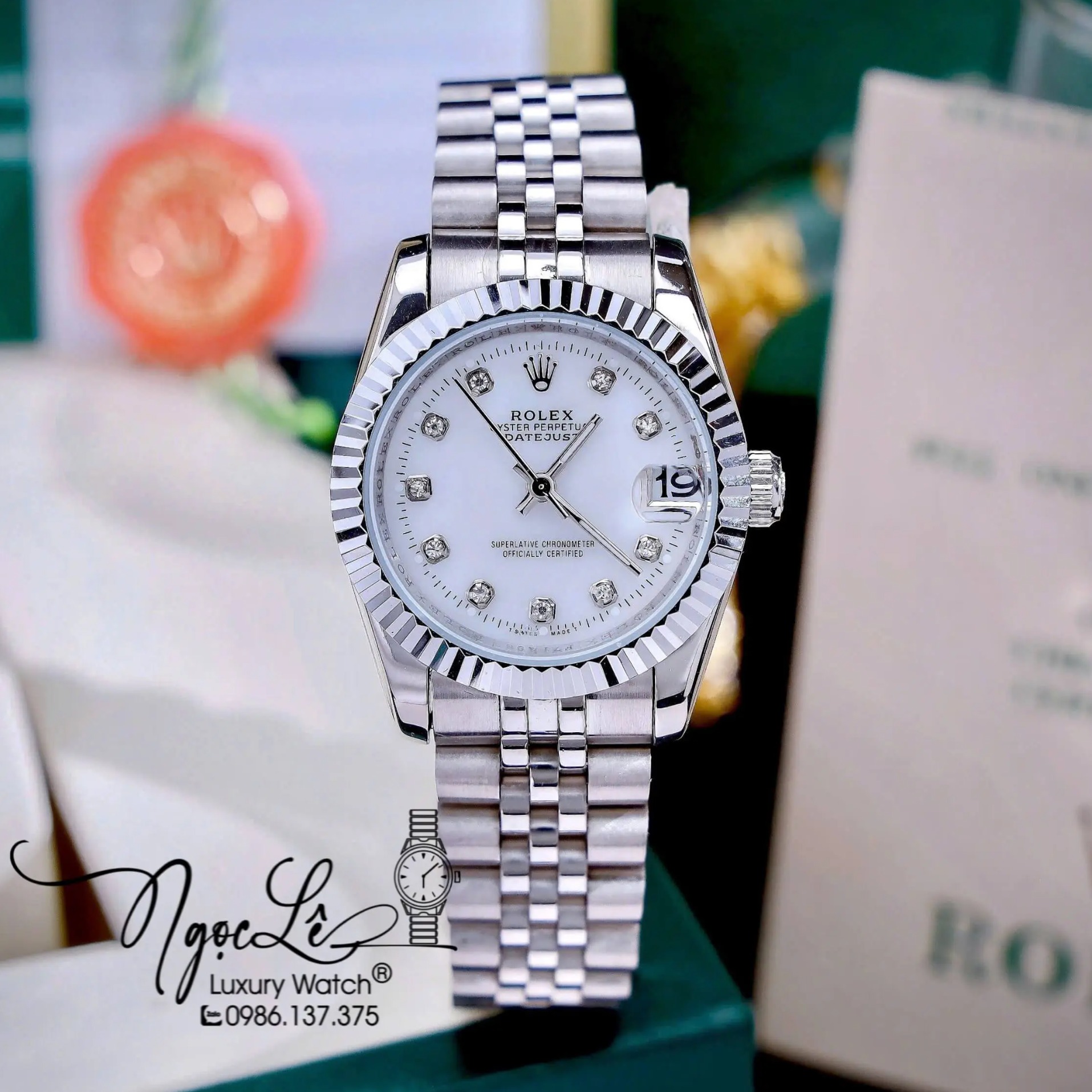 Đồng Hồ Nữ Rolex Datejust Máy Pin Dây Kim Loại Bạc Mặt Trắng Niềng Khía Size 31mm