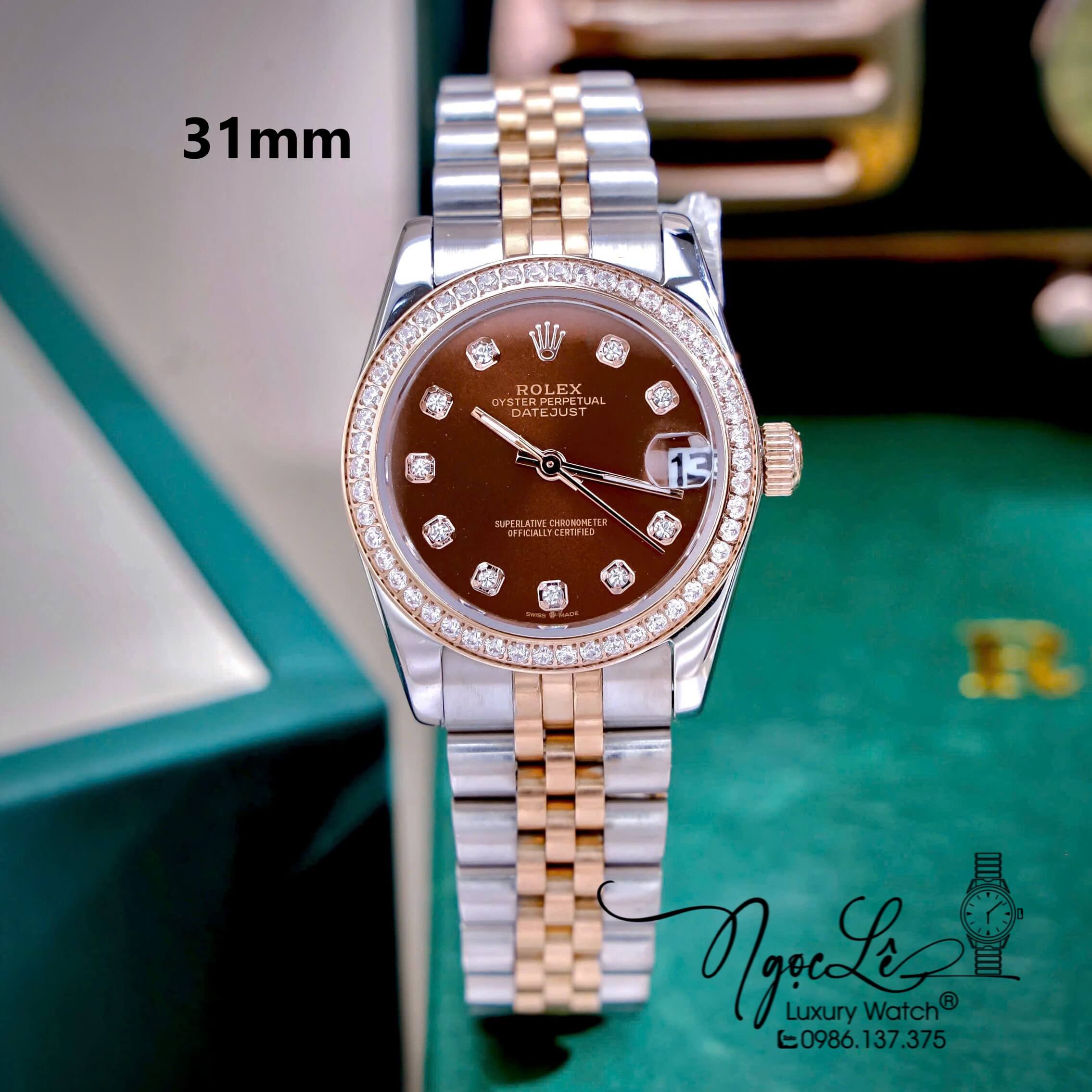 Đồng Hồ Nữ Rolex Datejust Máy Pin Dây Kim Loại Demi Rose Mặt Nâu Đính Đá Size 31mm