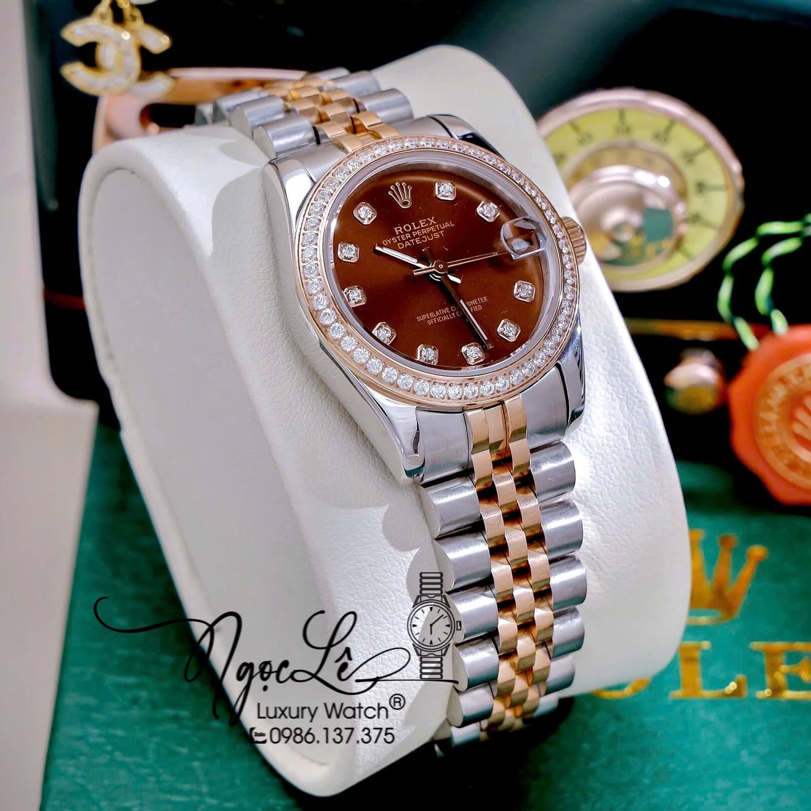 Đồng Hồ Nữ Rolex Datejust Máy Pin Dây Kim Loại Demi Rose Mặt Nâu Đính Đá Size 31mm