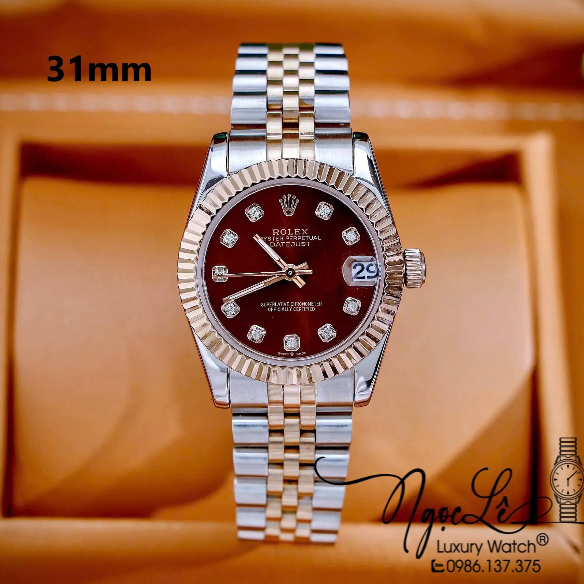 Đồng Hồ Nữ Rolex Datejust Máy Pin Dây Kim Loại Demi Rose Mặt Nâu Niềng Khía Size 31mm