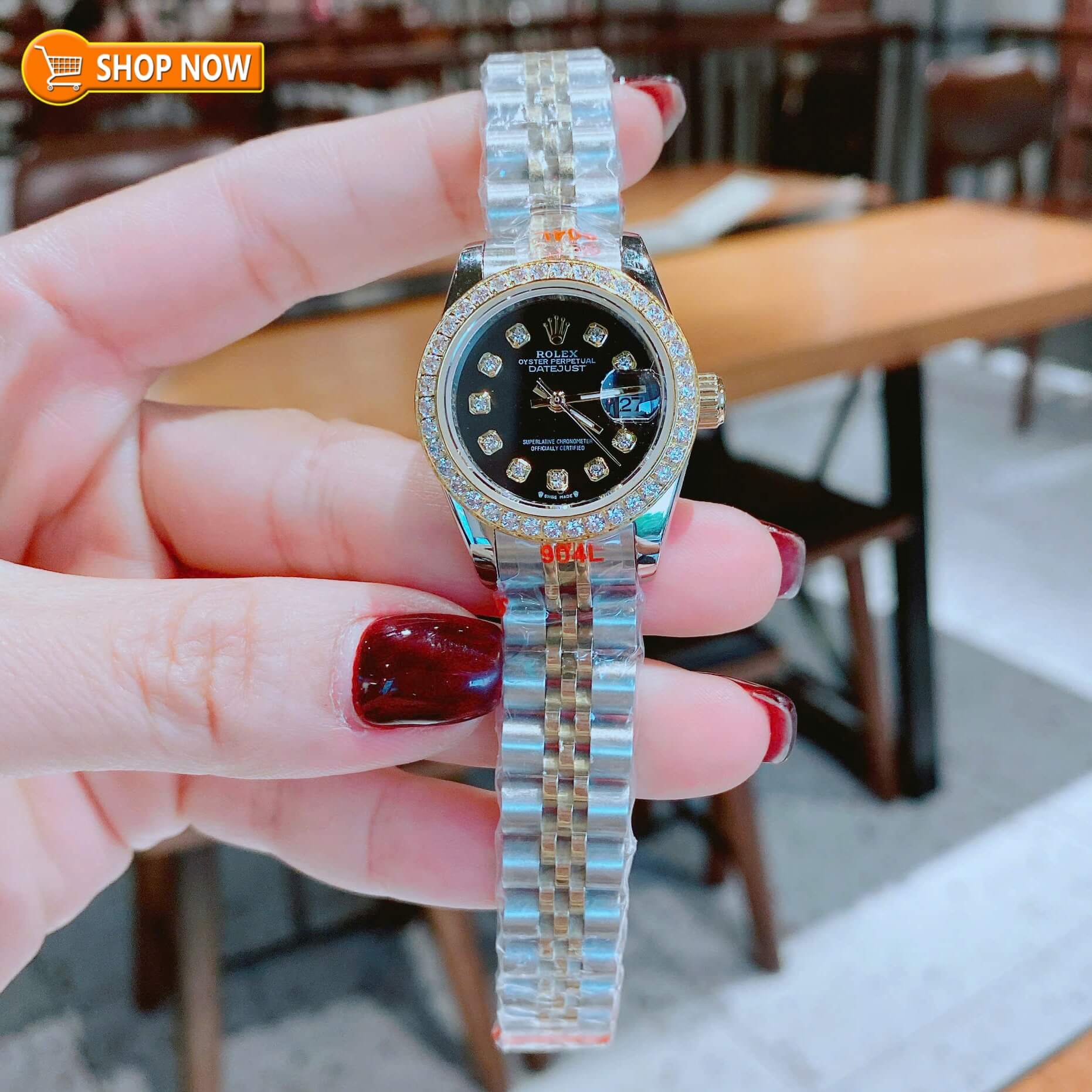 Đồng Hồ Nữ RoLex Datejust Máy Pin Size 28mm – Dây Demi Vàng Gold Mặt Đen Viền Đính Đá