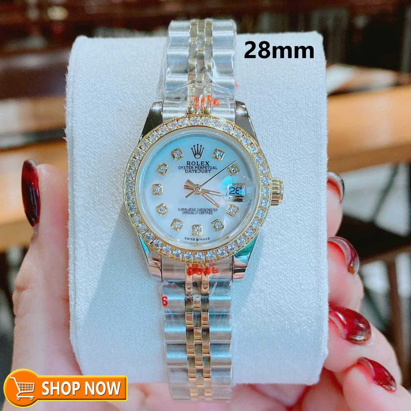 Đồng Hồ Nữ RoLex Datejust Máy Pin Size 28mm – Dây Demi Vàng Gold Mặt Trắng Xà Cừ Viền Đính Đá