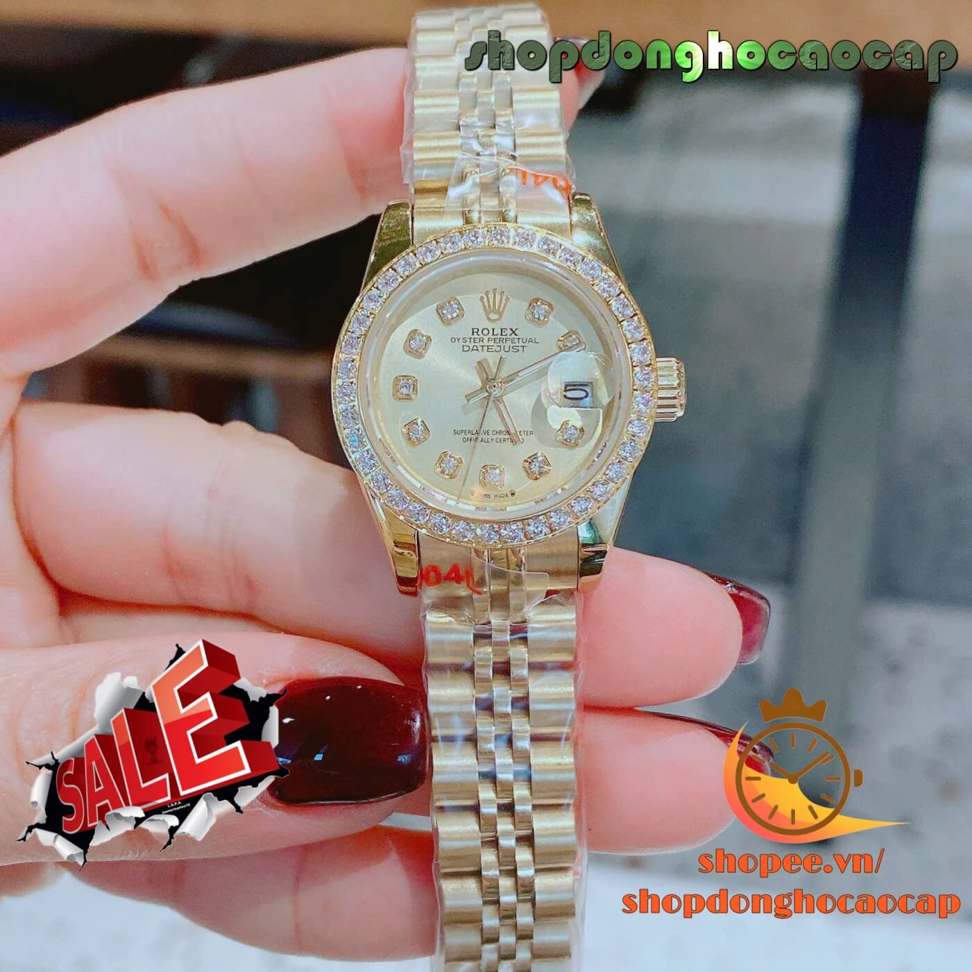 Đồng Hồ Nữ RoLex Datejust Máy Pin Size 28mm – Dây Vàng Gold Mặt Vàng Viền Đính Đá