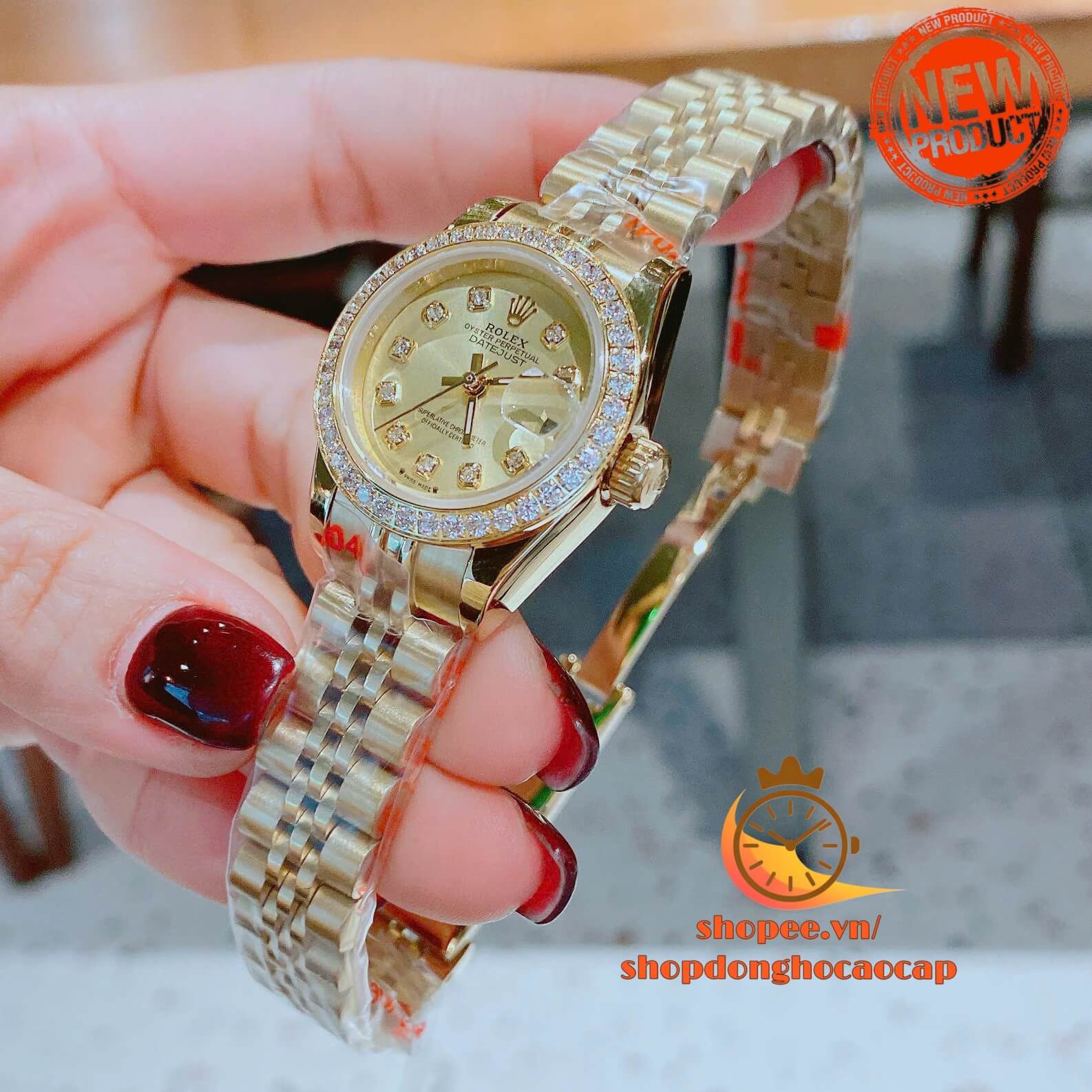 Đồng Hồ Nữ RoLex Datejust Máy Pin Size 28mm – Dây Vàng Gold Mặt Vàng Viền Đính Đá
