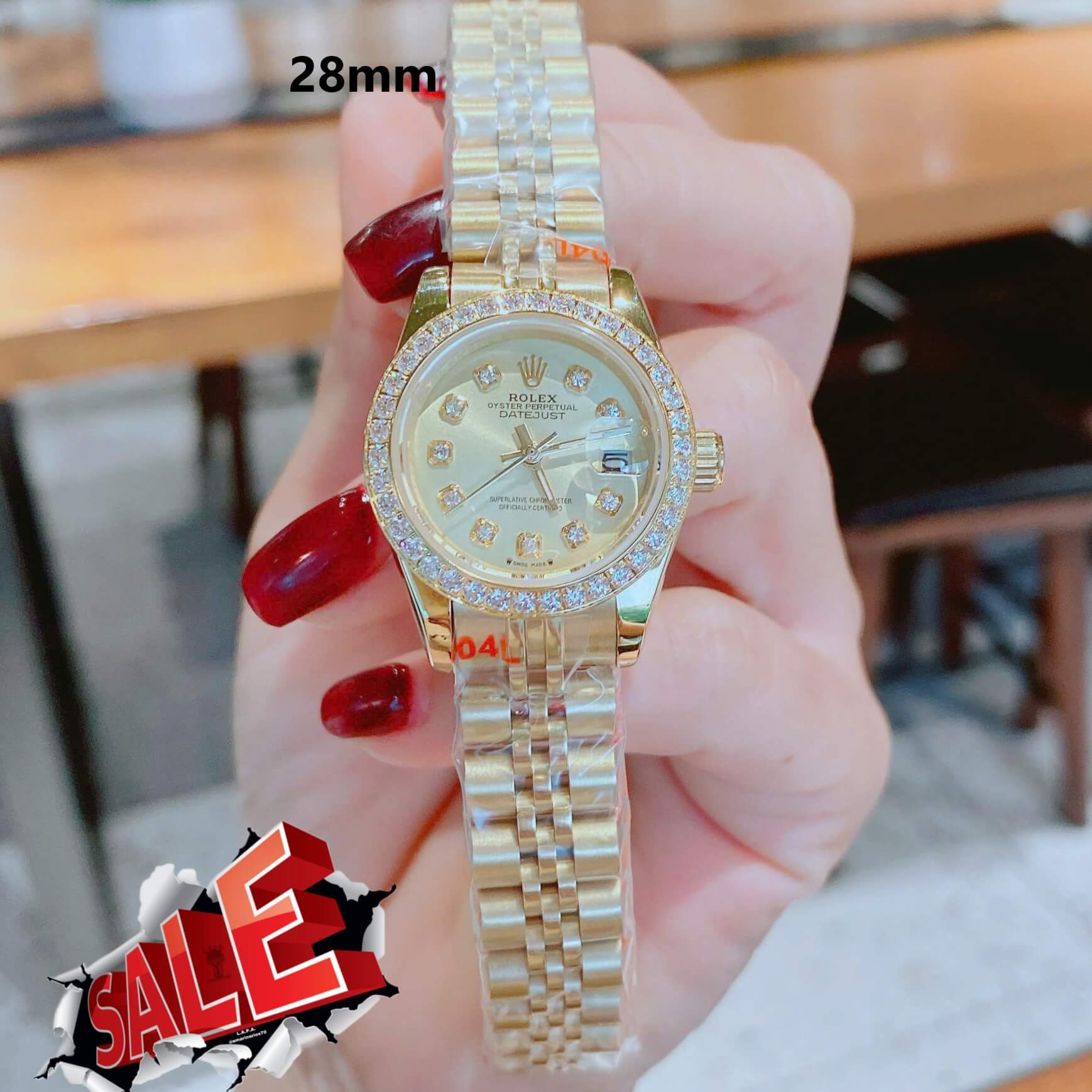 Đồng Hồ Nữ RoLex Datejust Máy Pin Size 28mm – Dây Vàng Gold Mặt Vàng Viền Đính Đá