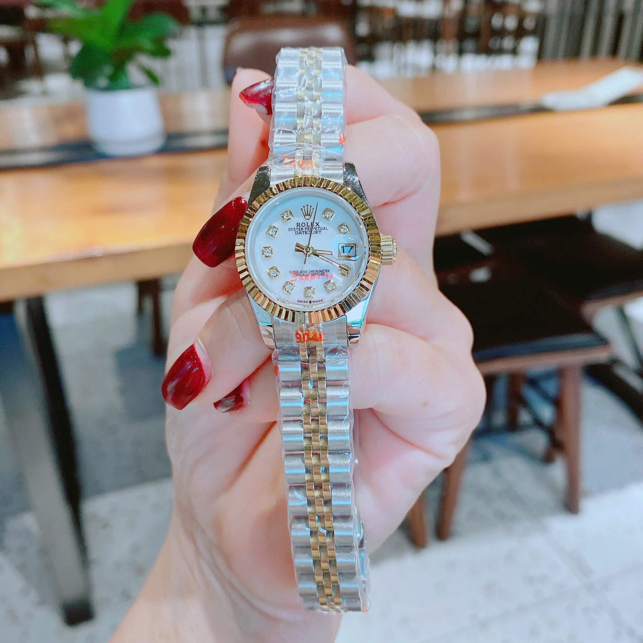 Đồng Hồ Nữ RoLex Datejust Máy Pin Size 28mm – Màu Demi Vàng Gold Mặt Trắng Xà Cừ