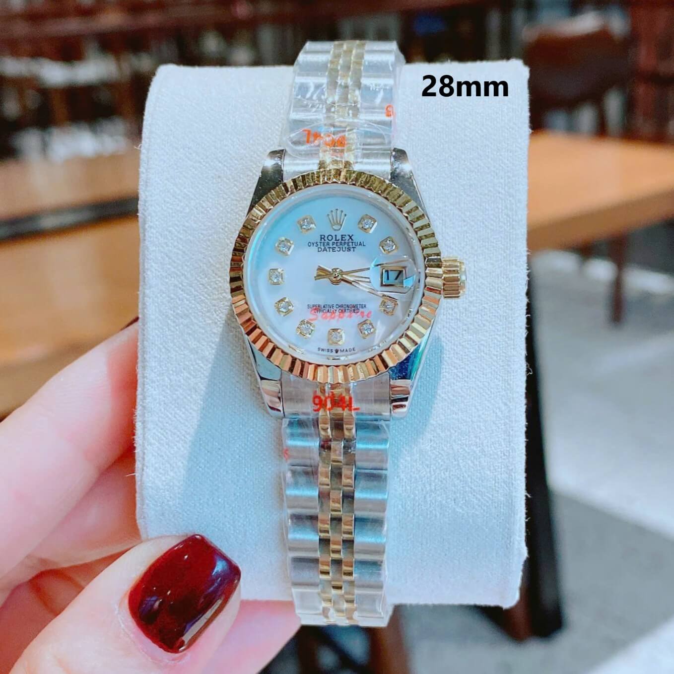 Đồng Hồ Nữ RoLex Datejust Máy Pin Size 28mm – Màu Demi Vàng Gold Mặt Trắng Xà Cừ