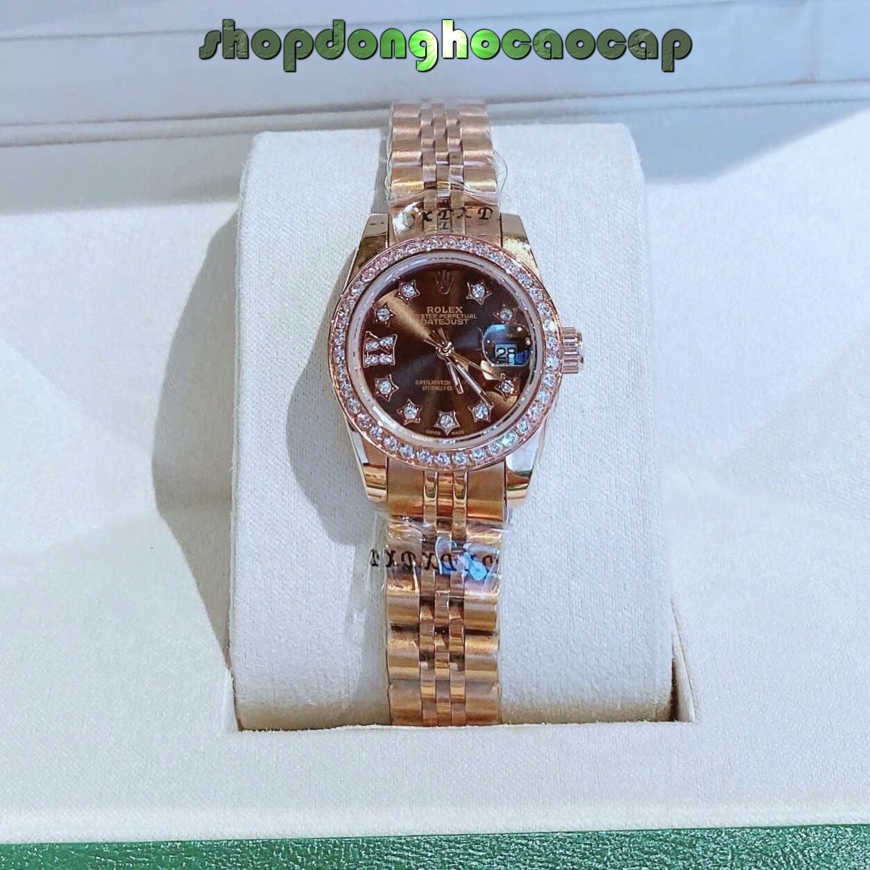 Đồng Hồ Nữ RoLex Datejust Máy Pin Size 28mm – Vàng Hồng Mặt Nâu Viền Đá Ngôi Sao