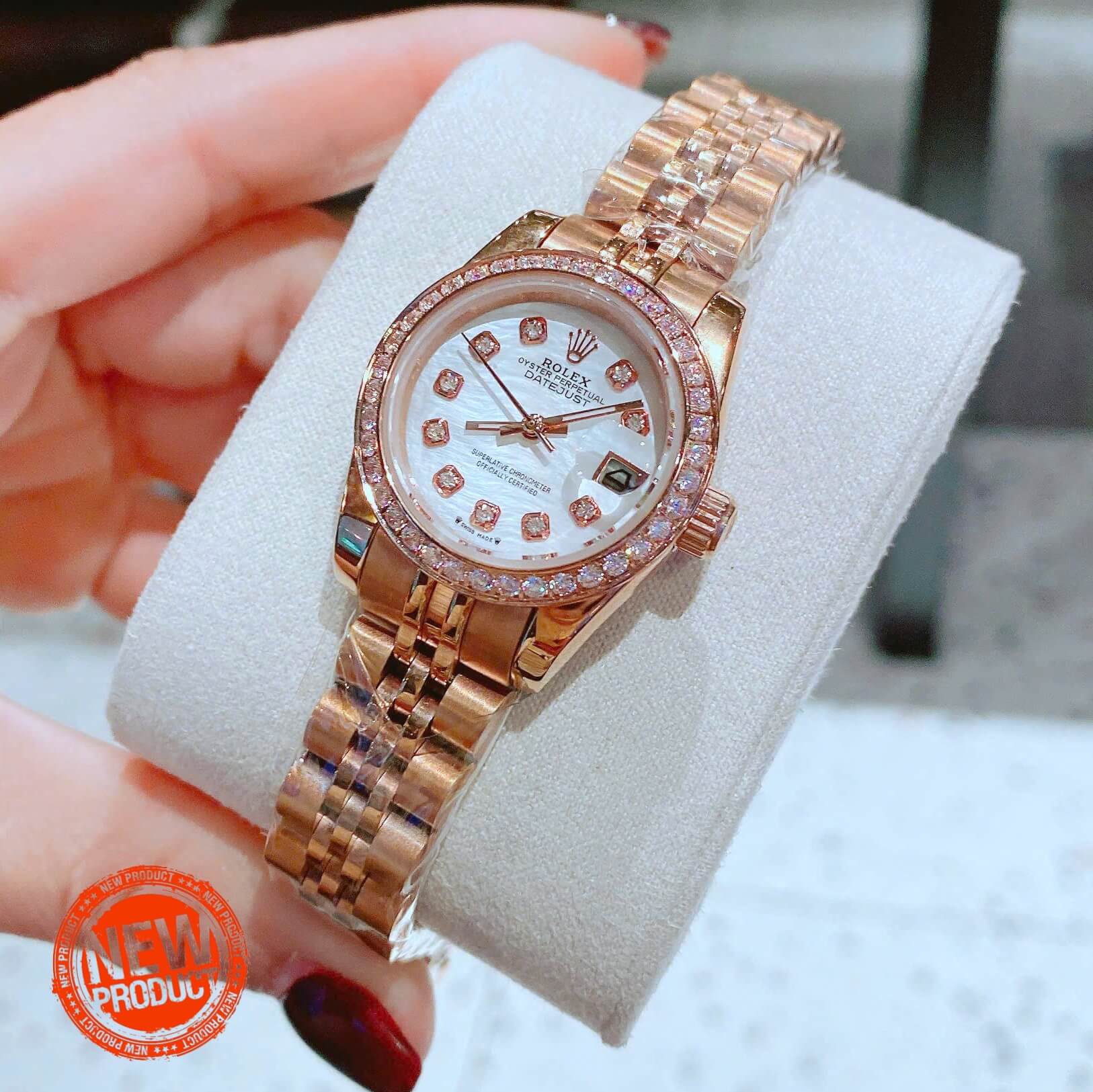 Đồng Hồ Nữ RoLex Datejust Máy Pin Size 28mm – Vàng Hồng Mặt Trắng Xà Cừ Viền Đá
