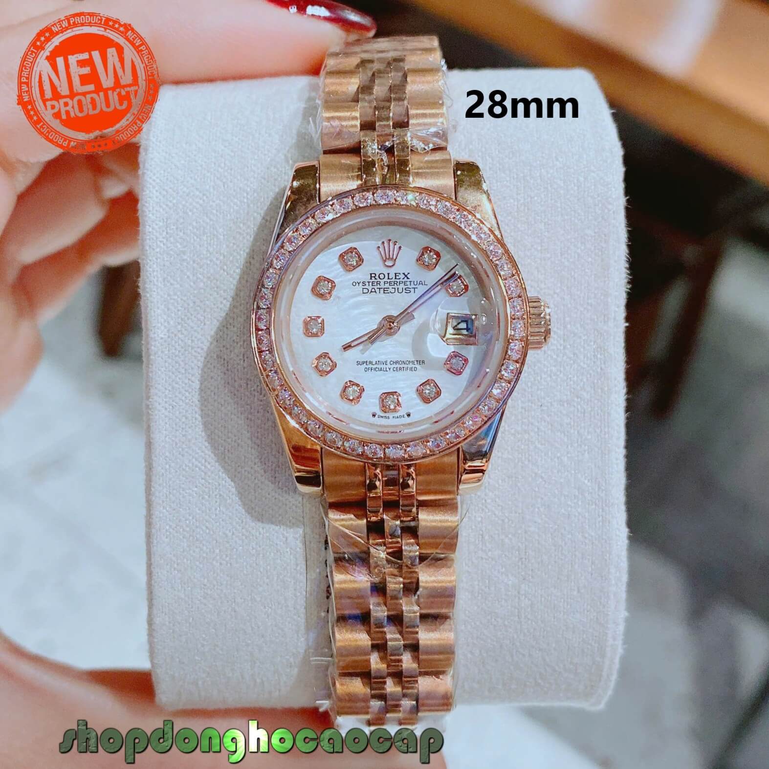 Đồng Hồ Nữ RoLex Datejust Máy Pin Size 28mm – Vàng Hồng Mặt Trắng Xà Cừ Viền Đá