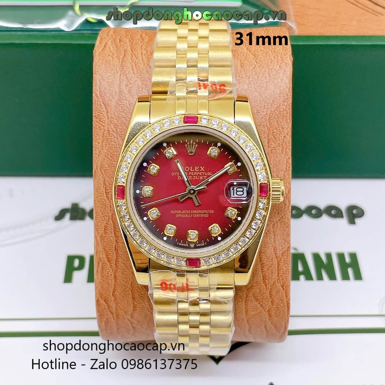 Đồng Hồ Nữ RoLex Datejust Máy Pin Size 31mm – Màu Vàng Mặt Đỏ Viền Đá