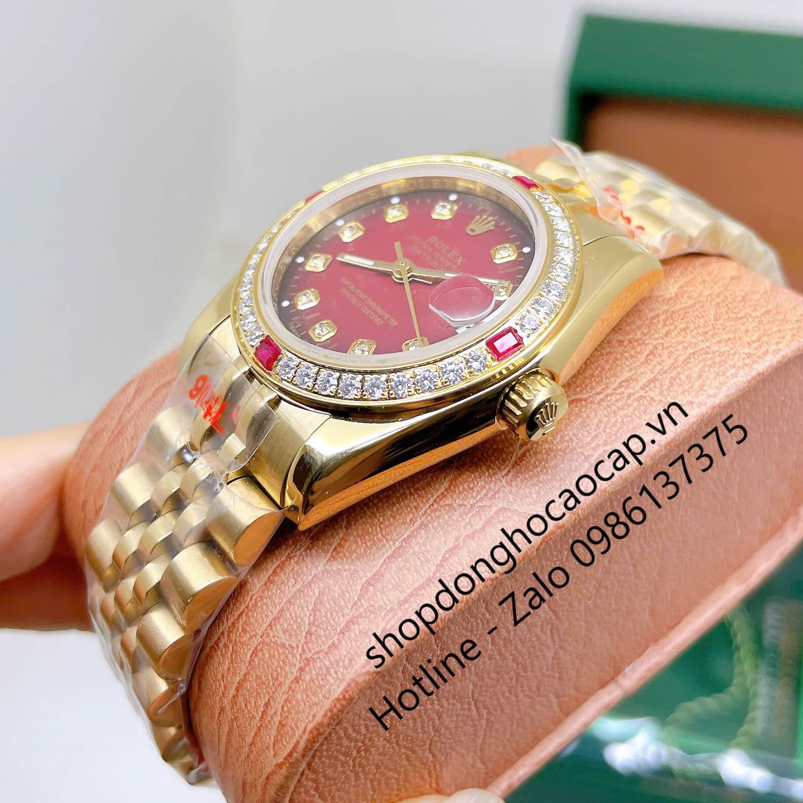 Đồng Hồ Nữ RoLex Datejust Máy Pin Size 31mm – Màu Vàng Mặt Đỏ Viền Đá