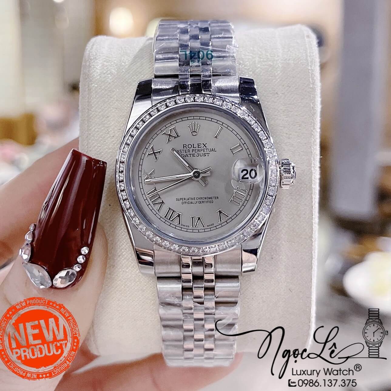 Đồng Hồ Nữ Rolex Datejust Pin Màu Bạc Mặt Xám Đính Đá Size 32mm