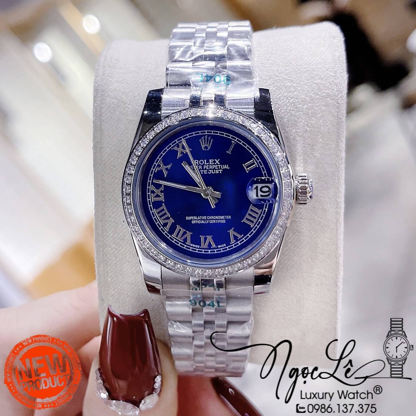 Đồng Hồ Nữ Rolex Datejust Pin Màu Bạc Mặt Xanh Dương Đính Đá Size 32mm