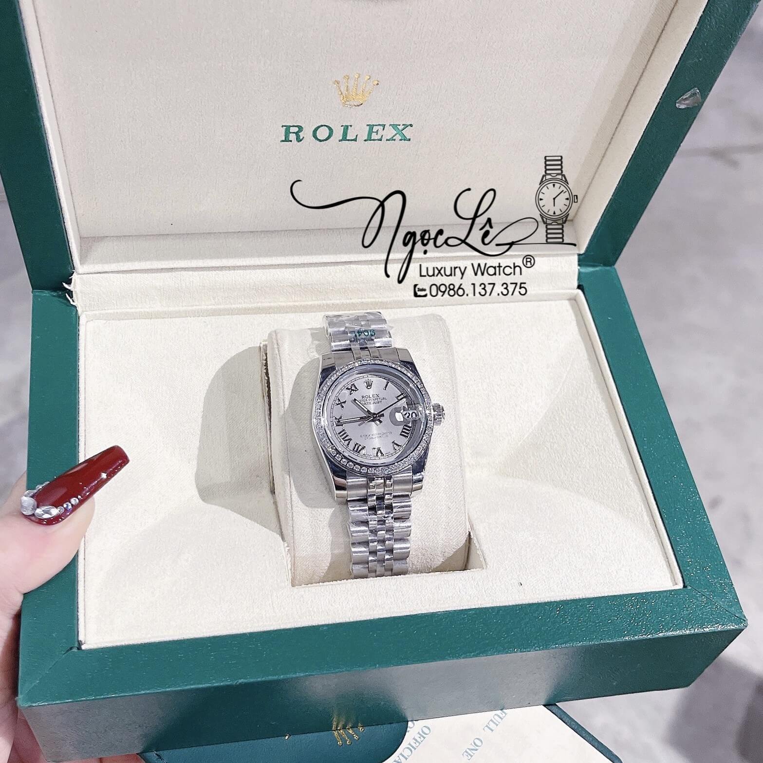 Đồng Hồ Nữ Rolex Datejust Pin Màu Bạc Mặt Xám Đính Đá Size 32mm