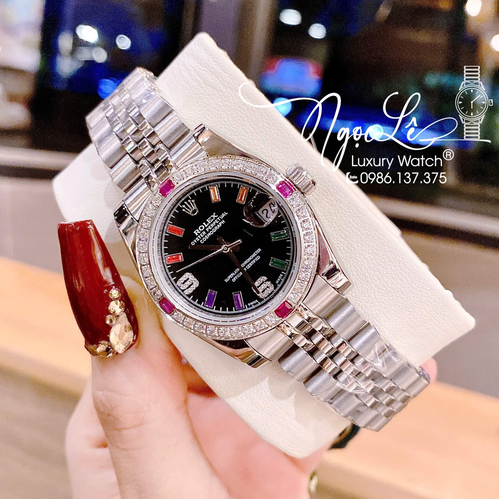Đồng Hồ Nữ Rolex Datejust Quartz Dây Kim Loại Bạc Mặt Đen Đính Đá Nhiều Màu Size 31mm