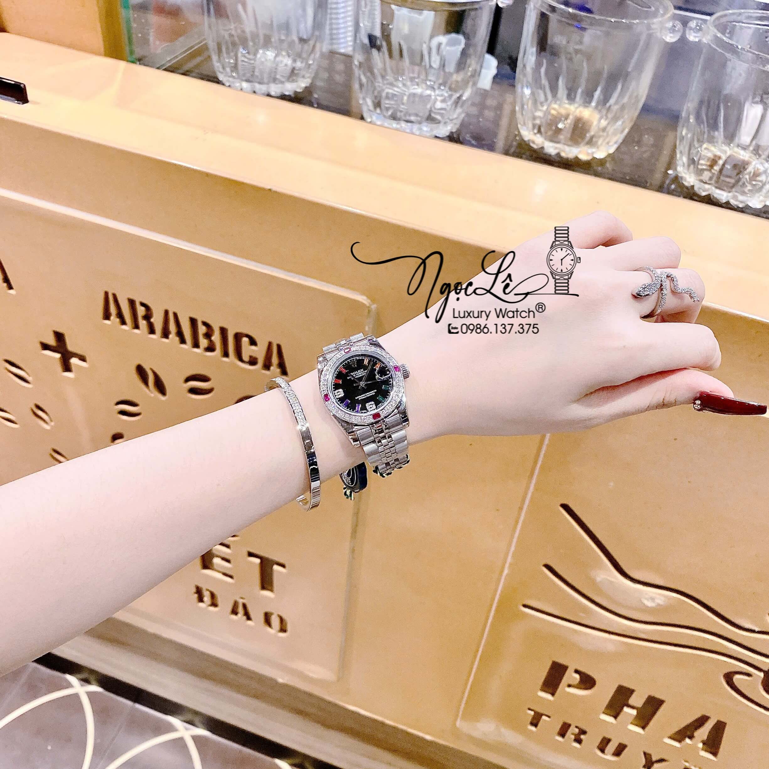 Đồng Hồ Nữ Rolex Datejust Quartz Dây Kim Loại Bạc Mặt Đen Đính Đá Nhiều Màu Size 31mm