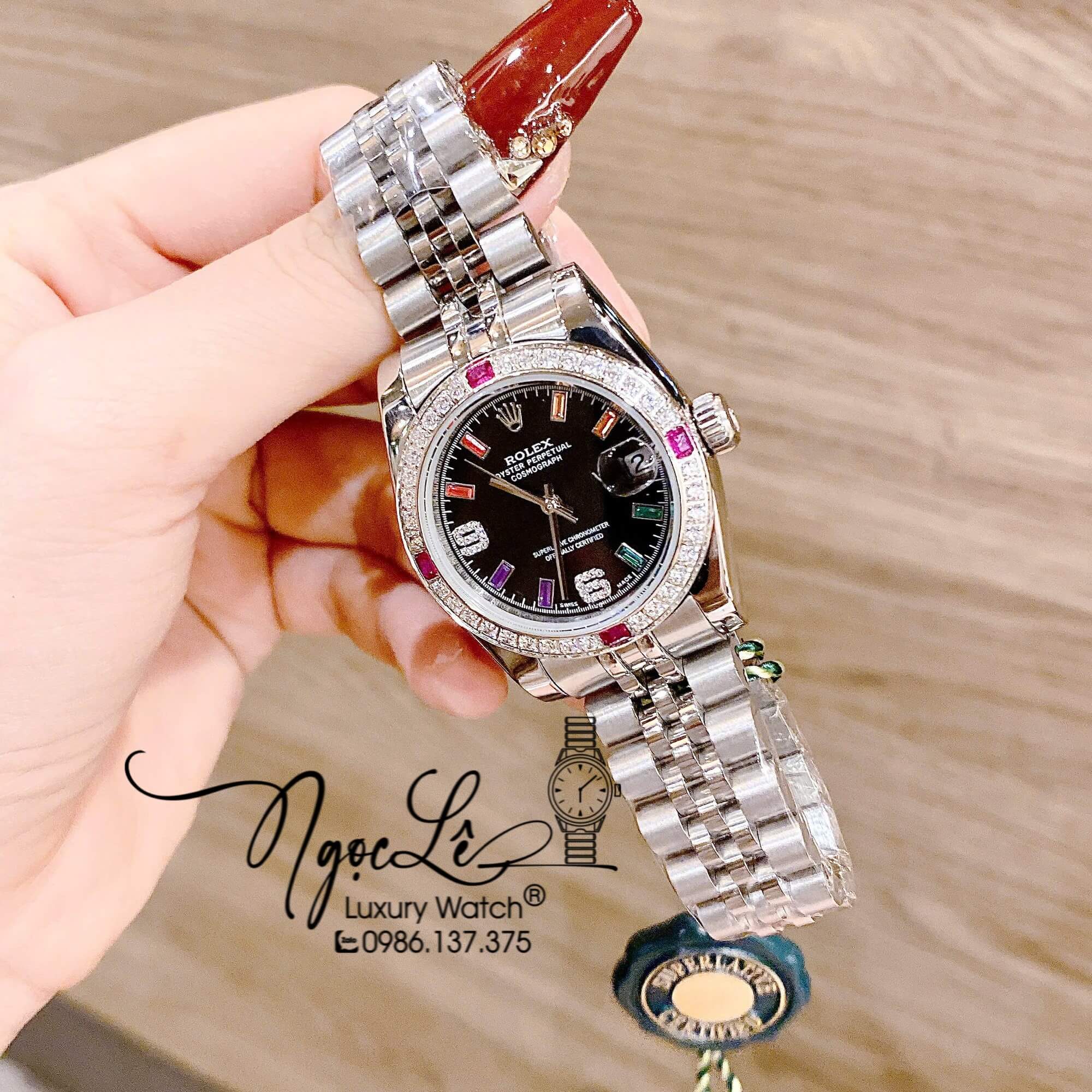Đồng Hồ Nữ Rolex Datejust Quartz Dây Kim Loại Bạc Mặt Đen Đính Đá Nhiều Màu Size 31mm