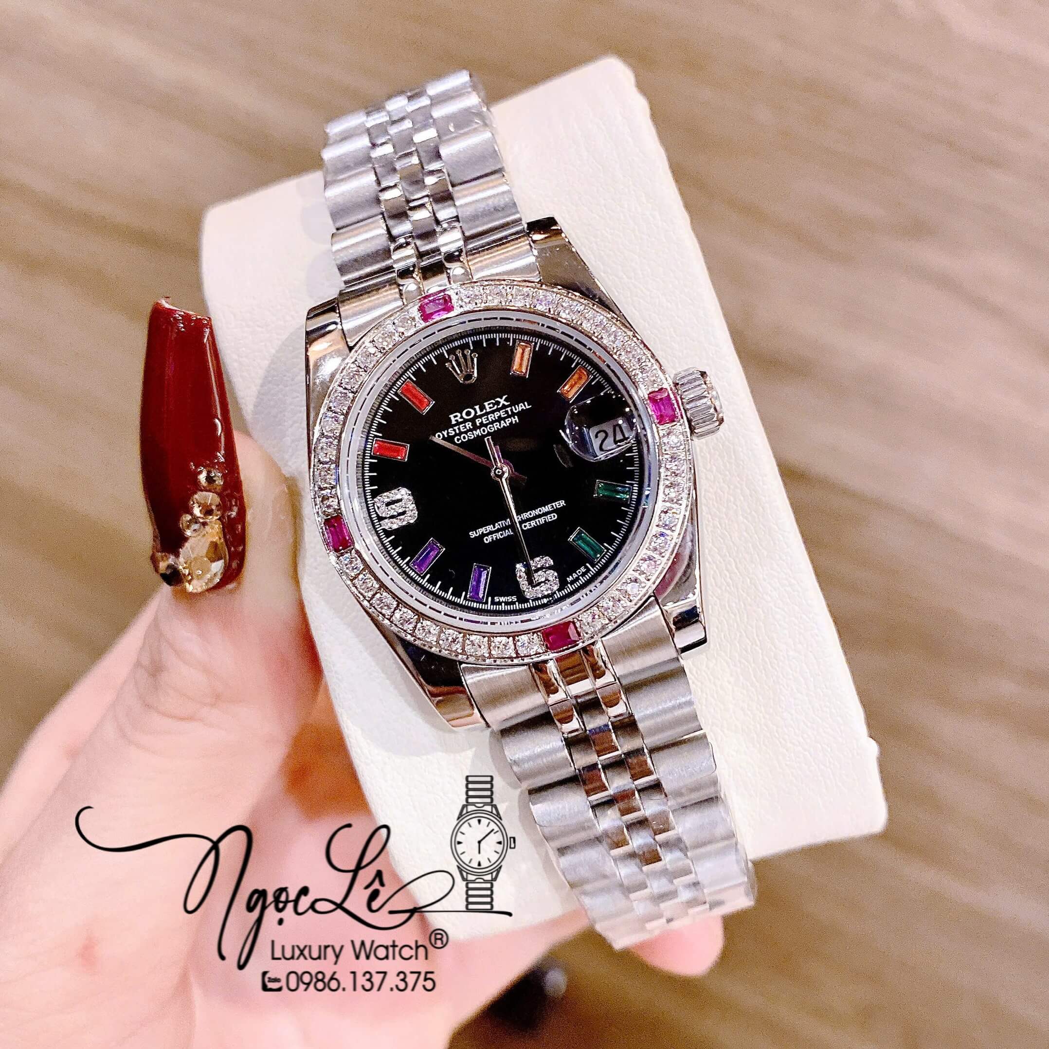 Đồng Hồ Nữ Rolex Datejust Quartz Dây Kim Loại Bạc Mặt Đen Đính Đá Nhiều Màu Size 31mm