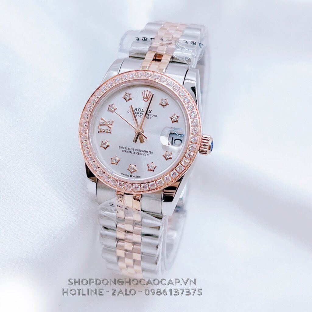 Đồng Hồ Nữ Rolex Datejust Tự Động Demi Rose Mặt Trắng Đính Đá 31mm