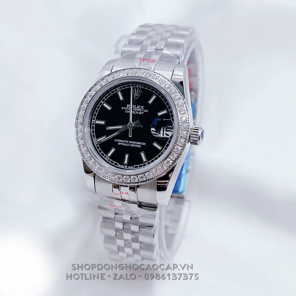 Đồng Hồ Nữ Rolex Datejust Tự Động Silver Mặt Đen Đính Đá 31mm