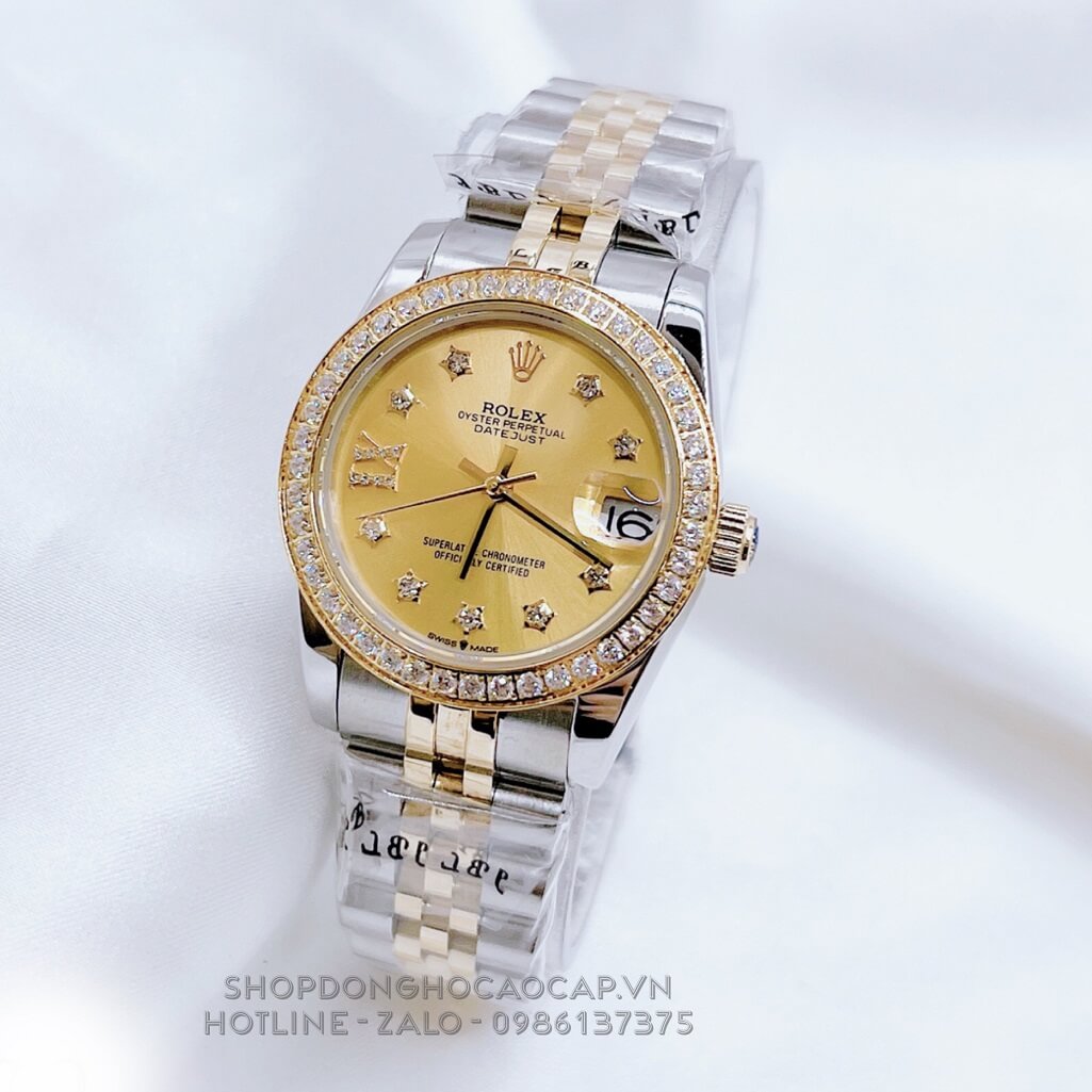 Đồng Hồ Nữ Rolex Datejust Tự Động Demi Gold Mặt Vàng Đính Đá 31mm