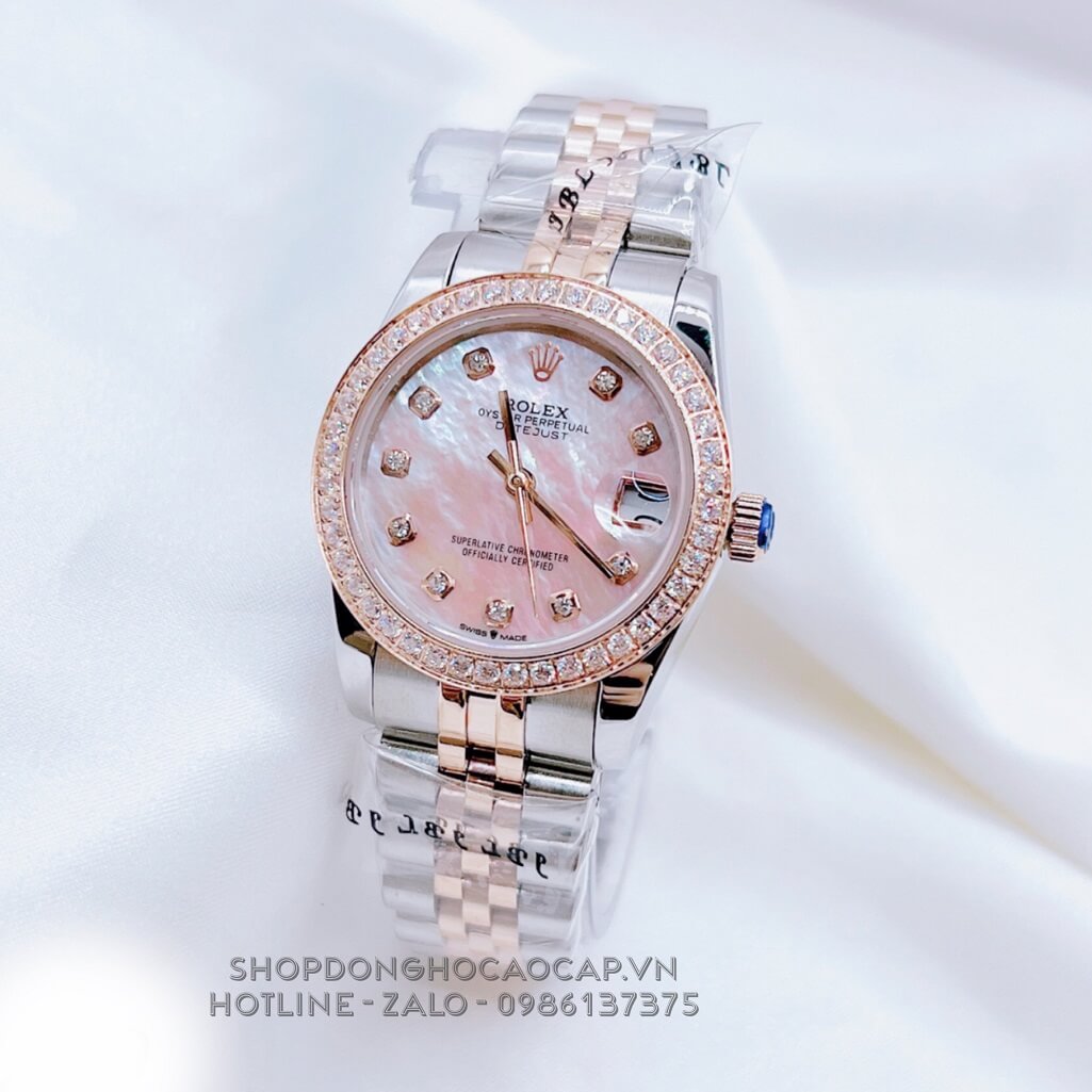 Đồng Hồ Nữ Rolex Datejust Tự Động Demi Rose Mặt Hồng Xà Cừ Đính Đá 31mm