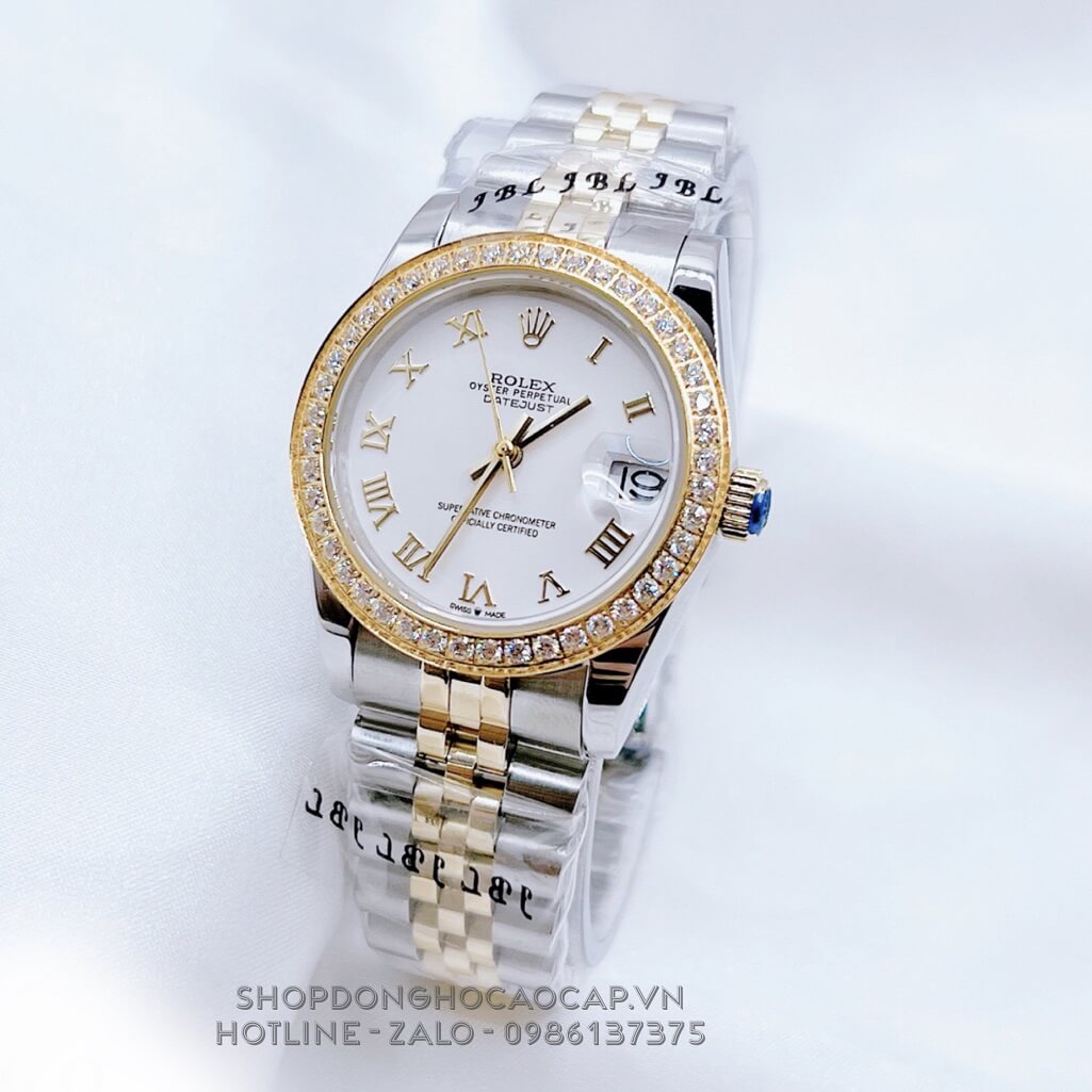 Đồng Hồ Nữ Rolex Datejust Tự Động Demi Gold Mặt La Mã Đính Đá 31mm