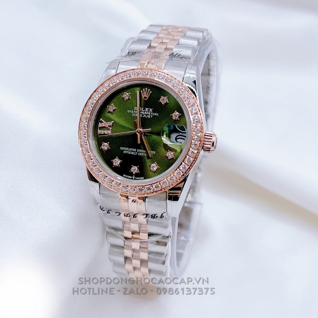 Đồng Hồ Nữ Rolex Datejust Tự Động Demi Rose Mặt Xanh Đính Đá 31mm