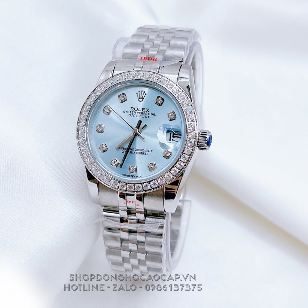 Đồng Hồ Nữ Rolex Datejust Tự Động Silver Xanh Ngọc Bích Đính Đá 31mm