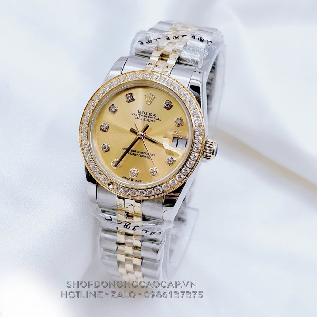 Đồng Hồ Nữ Rolex Datejust Tự Động Demi Gold Mặt Vàng Đính Đá 31mm