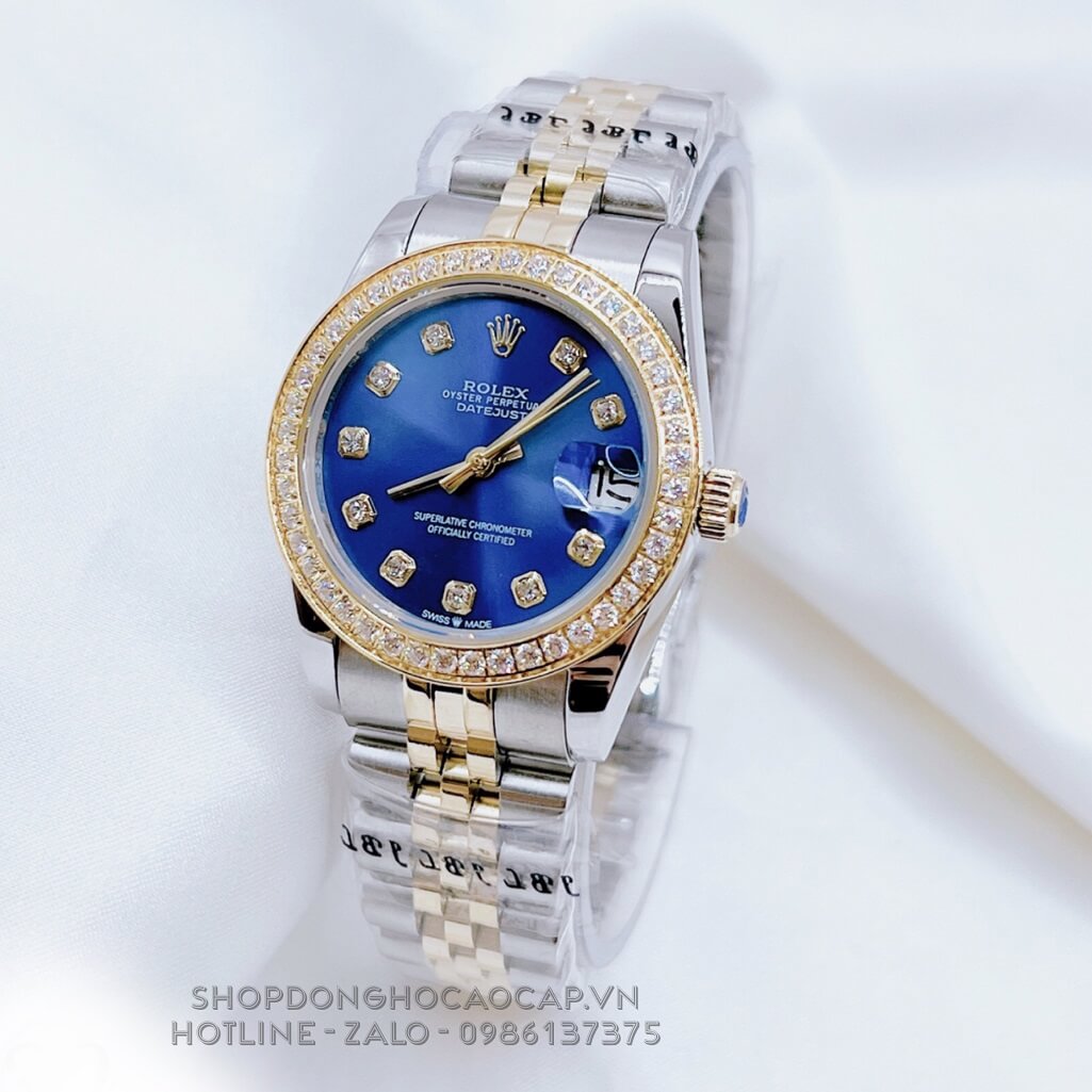 Đồng Hồ Nữ Rolex Datejust Tự Động Demi Gold Mặt Xanh Dương Đính Đá 31mm