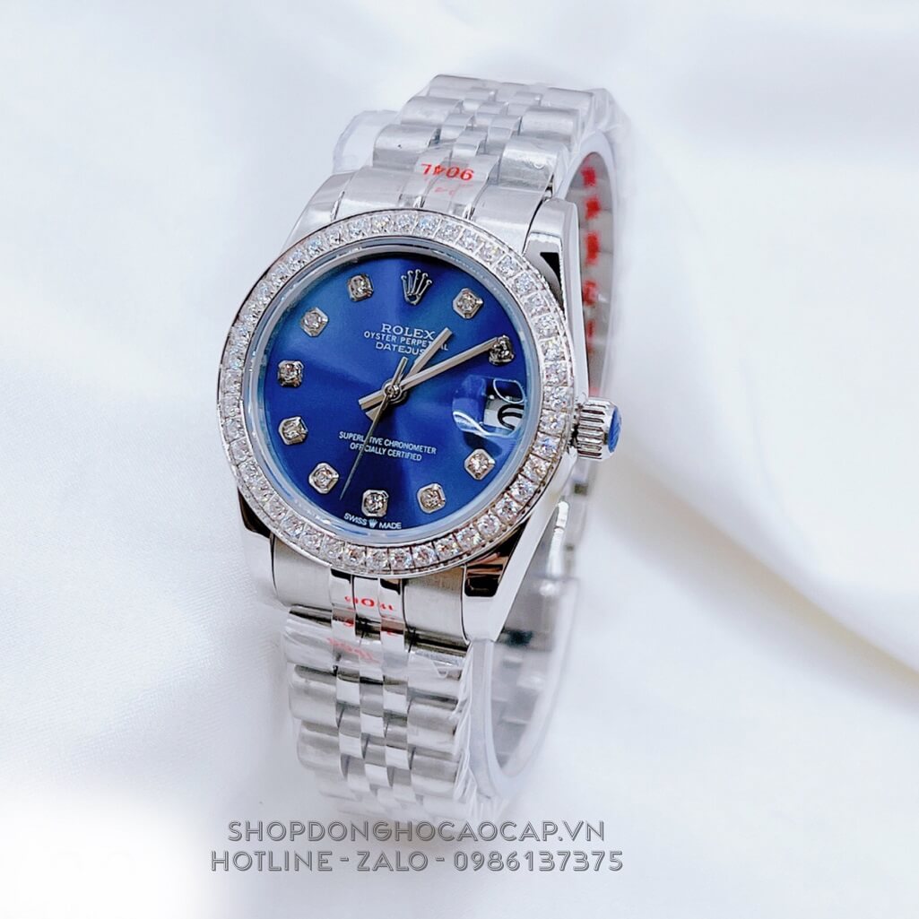 Đồng Hồ Nữ Rolex Datejust Tự Động Silver Mặt Xanh Dương Đính Đá 31mm