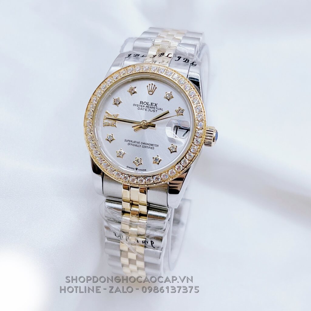 Đồng Hồ Nữ Rolex Datejust Tự Động Demi Gold Mặt Trắng Sữa Đính Đá 31mm