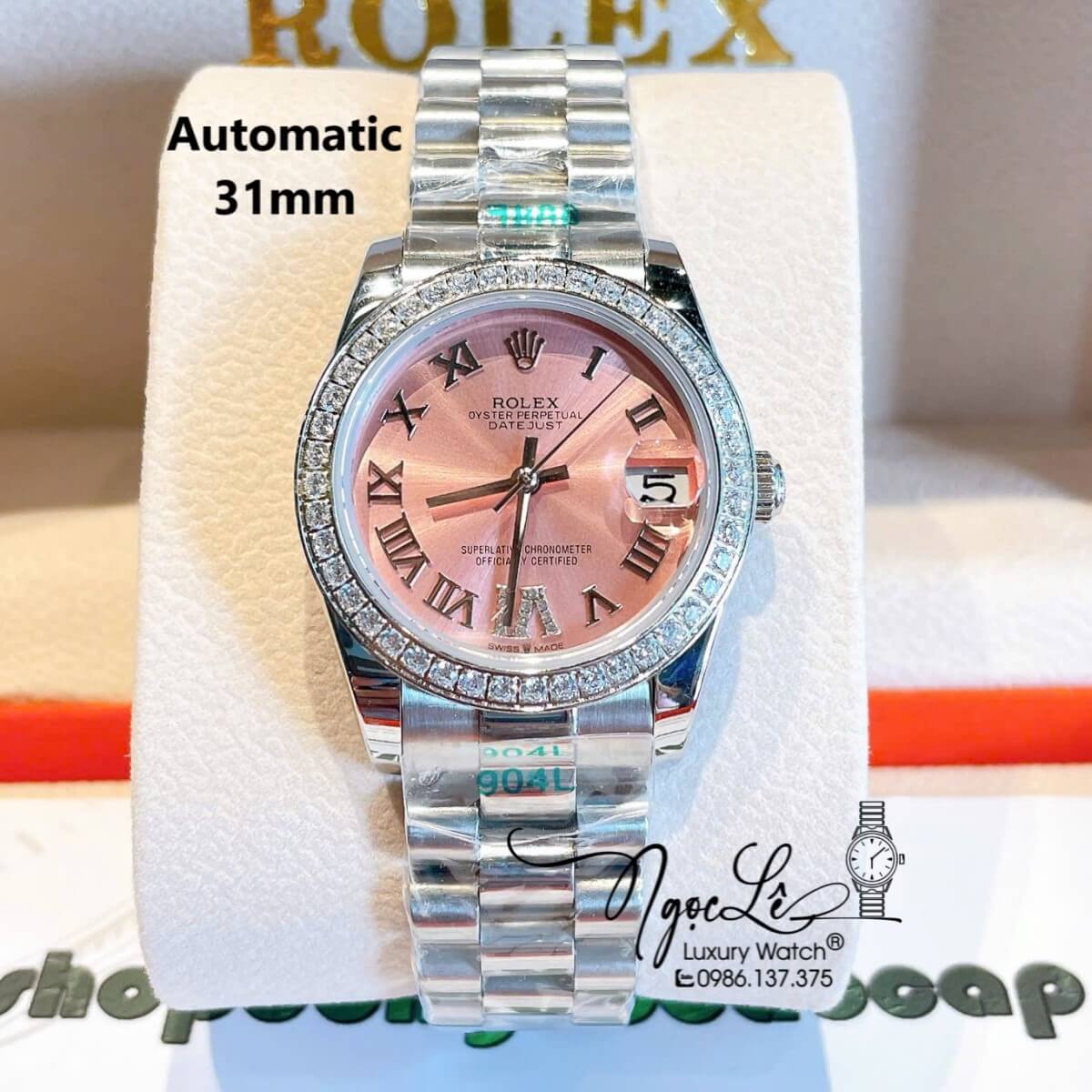 Đồng Hồ Nữ Rolex Datejust Tự Động Bạc Mặt Hồng Cam Sữa Đính Đá Size 31mm - Số La Mã