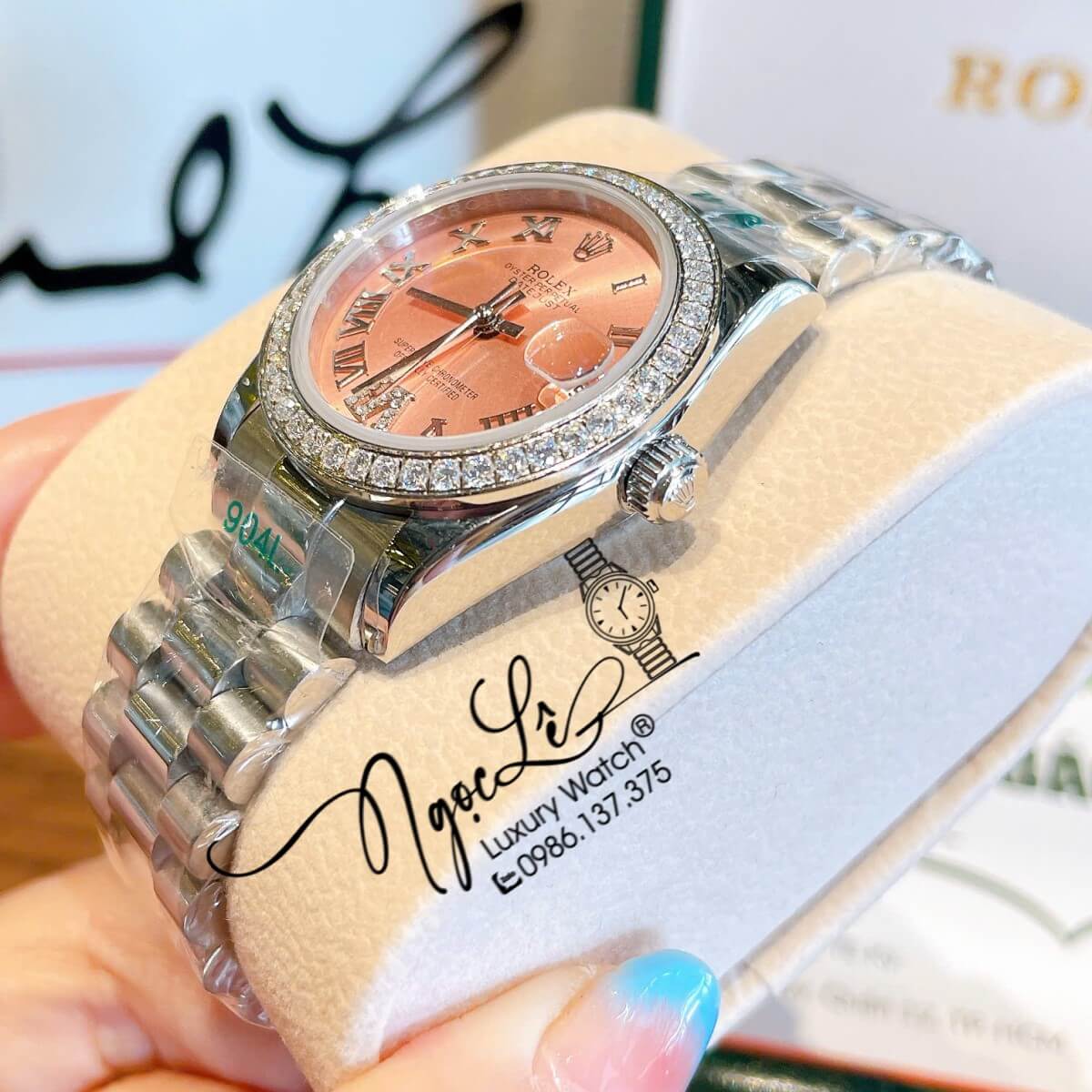 Đồng Hồ Nữ Rolex Datejust Tự Động Bạc Mặt Hồng Cam Sữa Đính Đá Size 31mm - Số La Mã