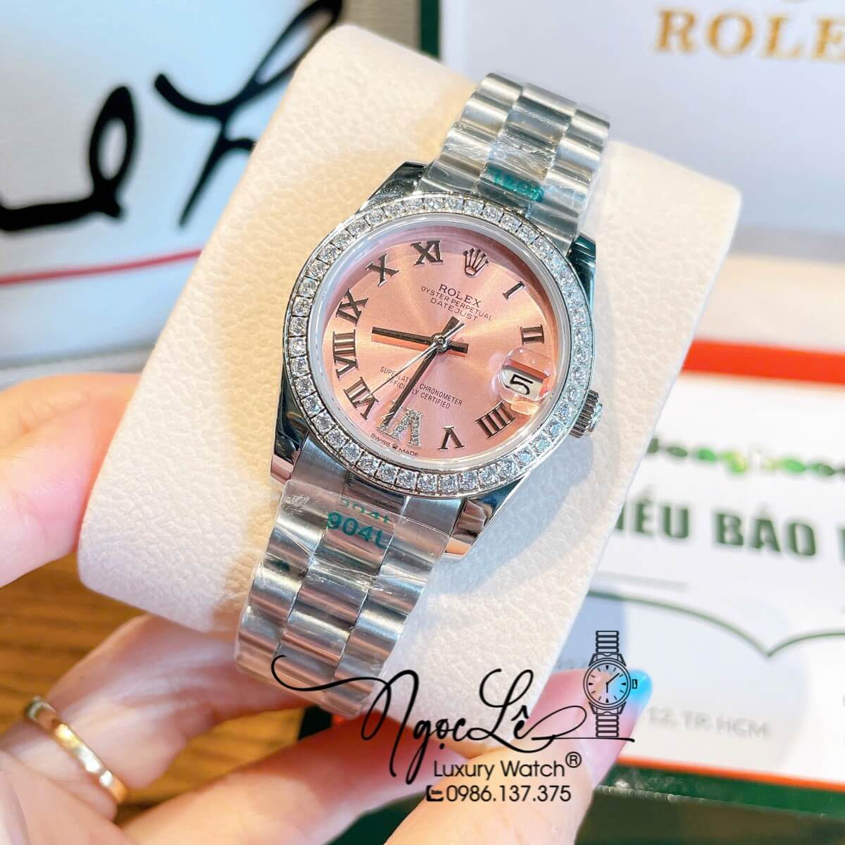 Đồng Hồ Nữ Rolex Datejust Tự Động Bạc Mặt Hồng Cam Sữa Đính Đá Size 31mm - Số La Mã