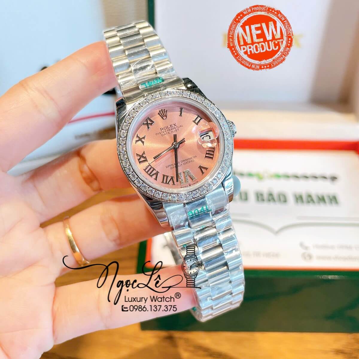 Đồng Hồ Nữ Rolex Datejust Tự Động Bạc Mặt Hồng Cam Sữa Đính Đá Size 31mm - Số La Mã