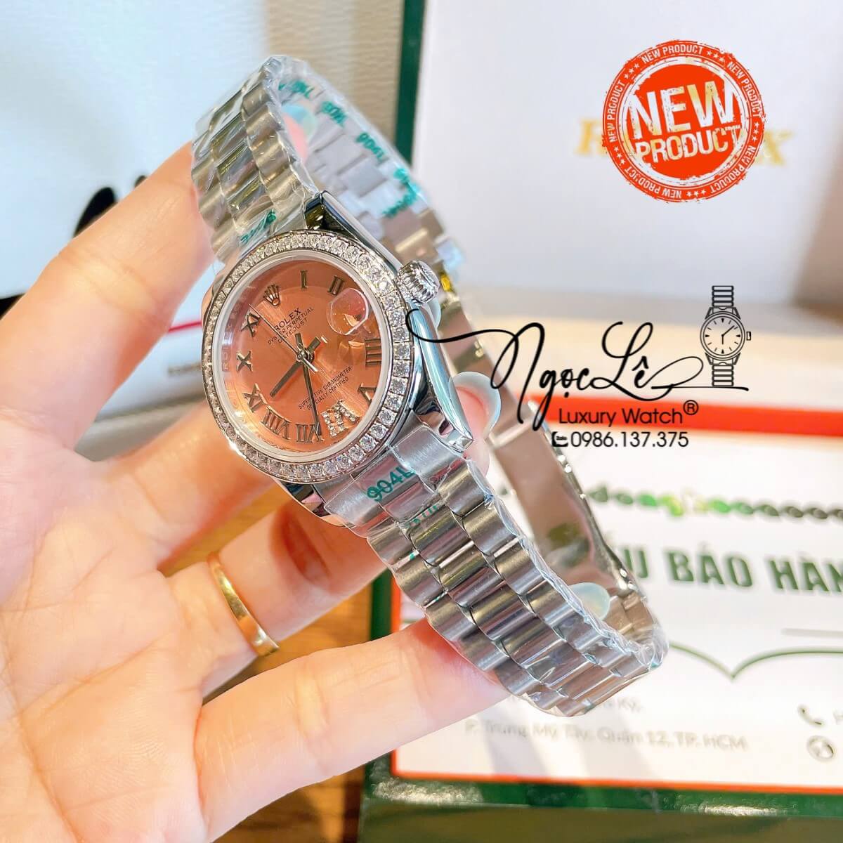 Đồng Hồ Nữ Rolex Datejust Tự Động Bạc Mặt Hồng Cam Sữa Đính Đá Size 31mm - Số La Mã