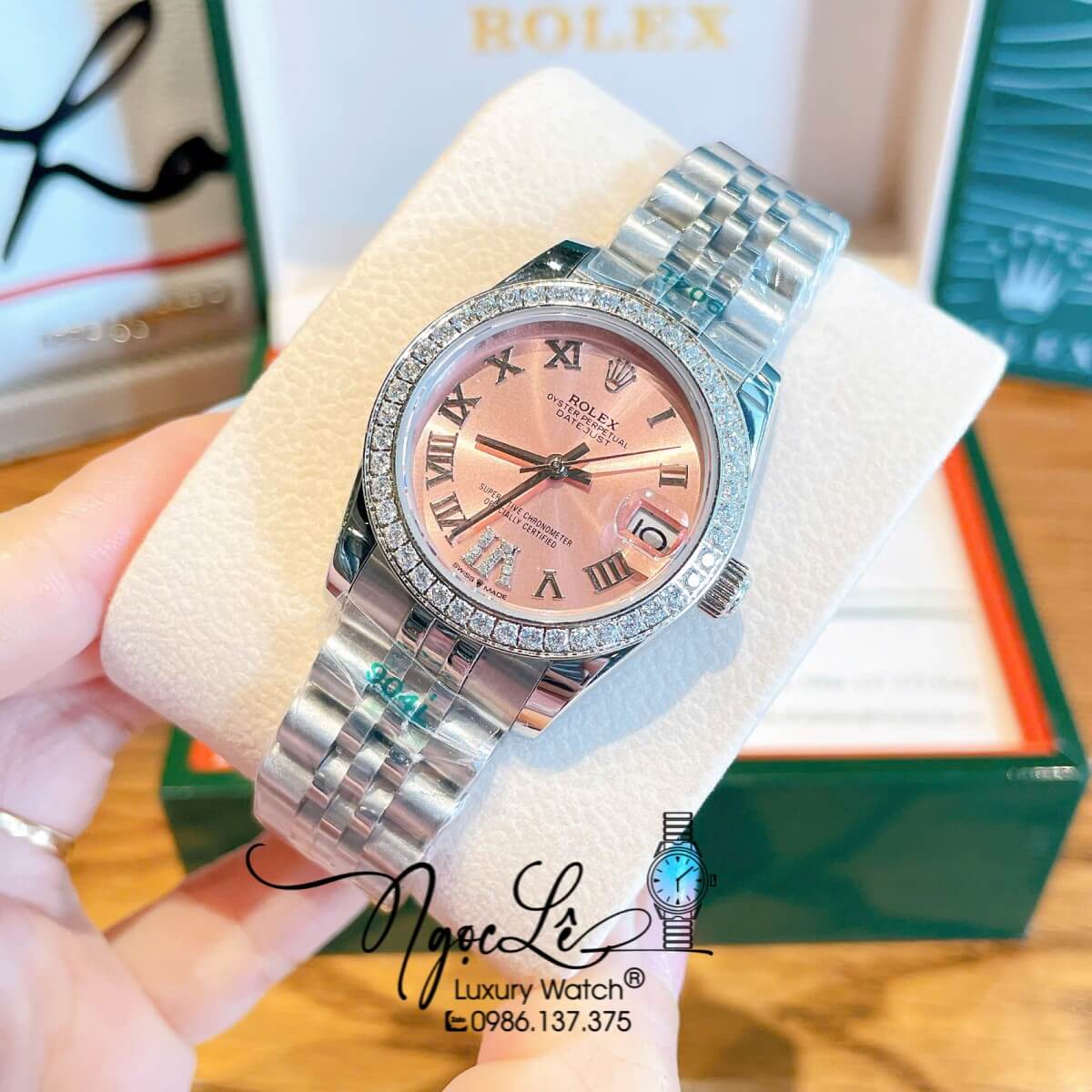 Đồng Hồ Nữ Rolex Datejust Tự Động Dây Bạc Mặt Hồng Nhạt Đính Đá Size 31mm - Mặt Số La Mã