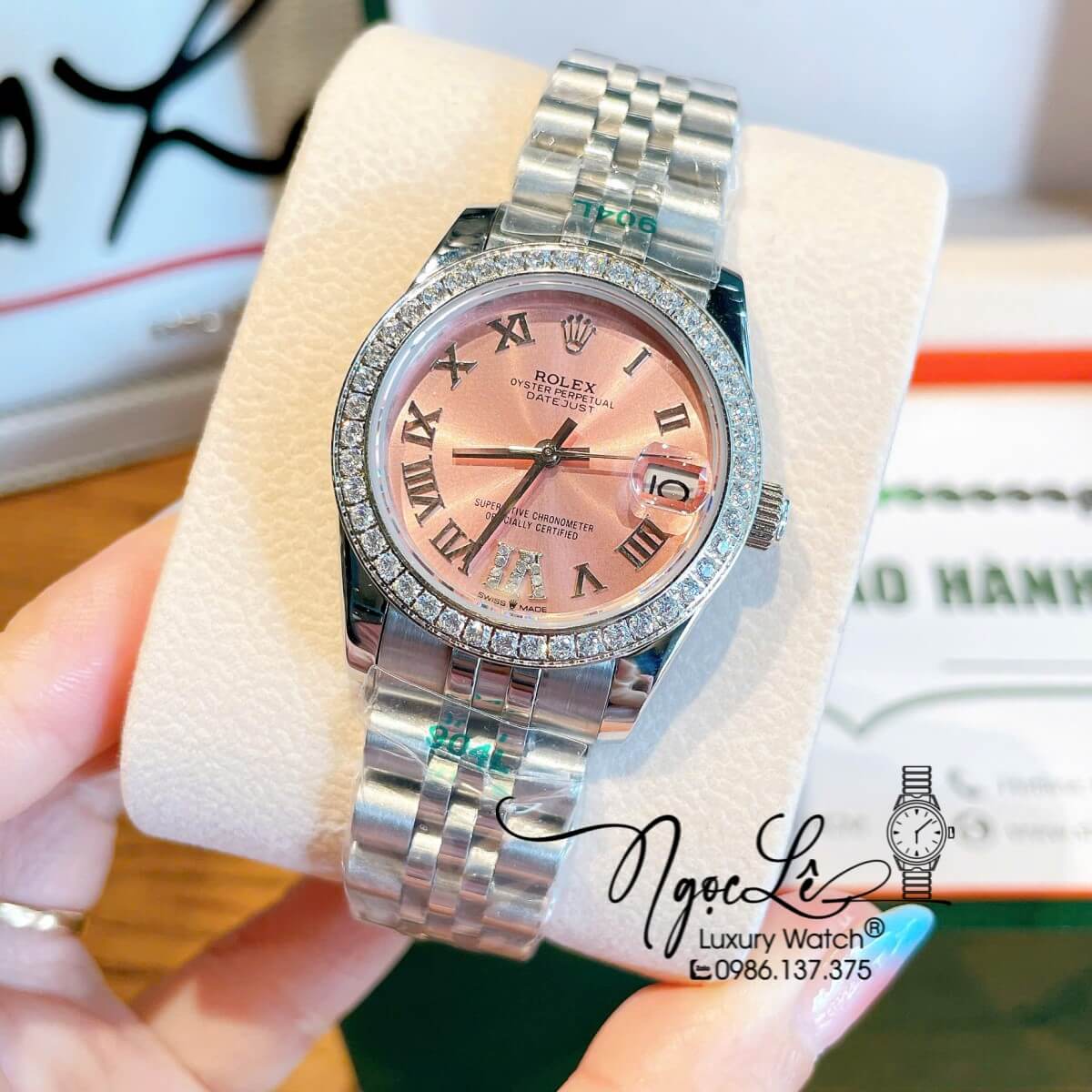 Đồng Hồ Nữ Rolex Datejust Tự Động Dây Bạc Mặt Hồng Nhạt Đính Đá Size 31mm - Mặt Số La Mã