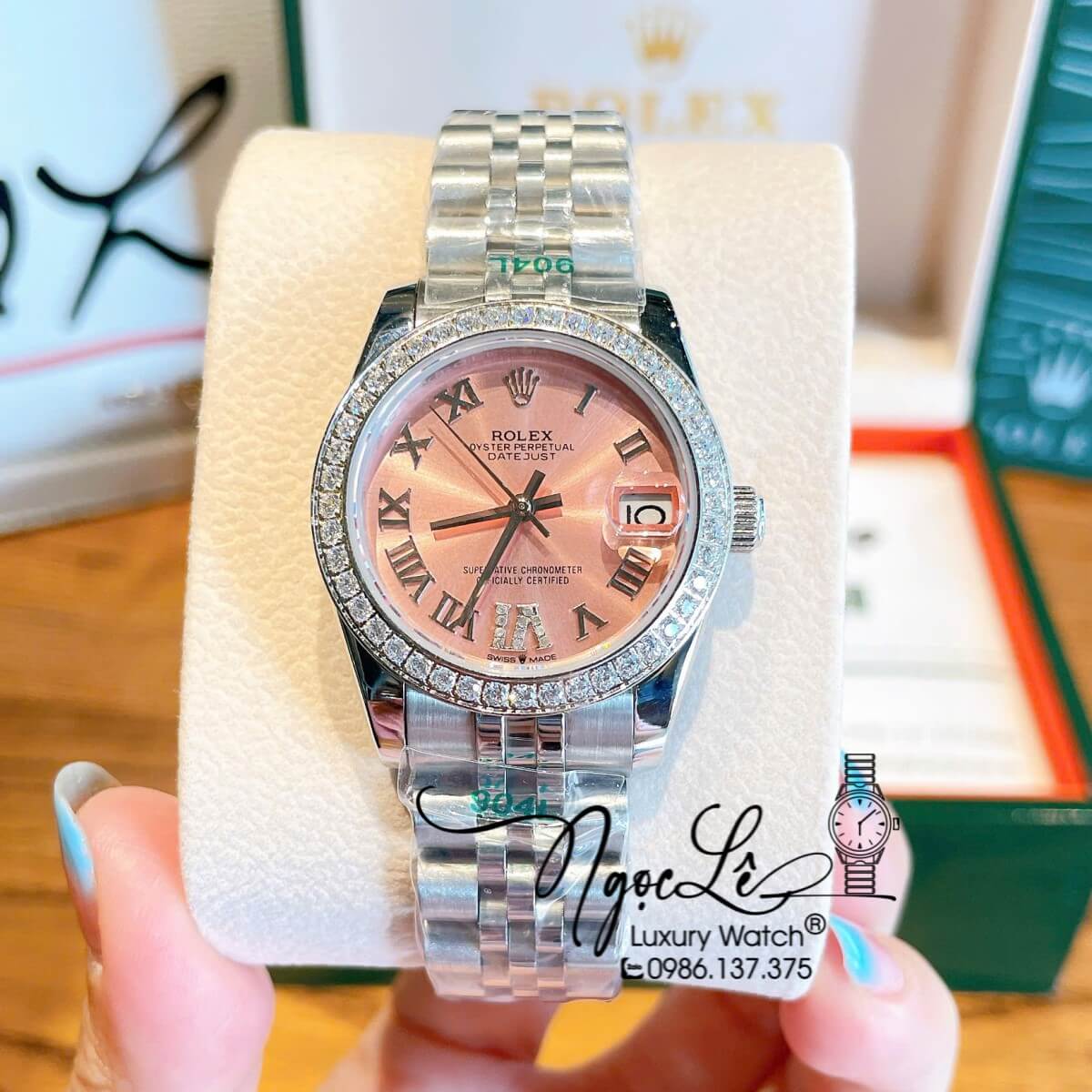 Đồng Hồ Nữ Rolex Datejust Tự Động Dây Bạc Mặt Hồng Nhạt Đính Đá Size 31mm - Mặt Số La Mã